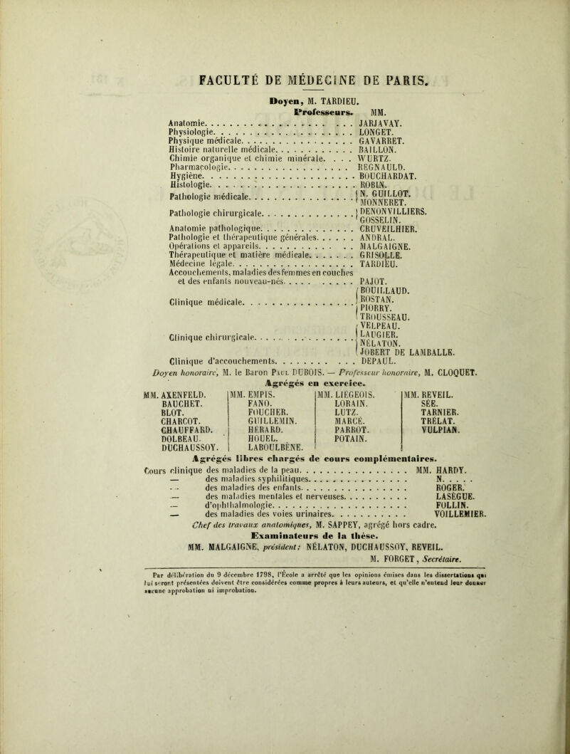 Doyen, M. TARDIEU. Professeurs. MM. Anatomie - Physiologie Physique médicale Histoire naturelle médicale Chimie organique et chimie minérale. . . . Pharmacologie Hygiène Histologie. ...... ^ Pathologie médicale Pathologie chirurgicale Anatomie pathologique. Pathologie et thérapeutique générales Opérations et appareils Thérapeutique et matière médicale Médecine légale Accouchements, maladies des femmes en couches et des enfants nouveau-nés Clinique médicale Clinique chirurgicale. Clinique d’accouchements, JARJAVAY. LONGET. GAVARRET. BAILLON. WURTZ. REGNAULD. BOUCHARDAT. , ROBIN. !N. GUILLOT. 1 MONNERET. ! DENON VILLIERS. 'GOSSELIN. CRUVEILH1ER. ANDRAL. MALGA1GNE. GRISOLLE. TARDIÈU. PAJOT. /BOUILLAUD. )ROSTAN. I PIORRY. I TROUSSEAU. /VELPEAU. LAUGIER. NÉLATON. 1JOBERT DE LAMBALLE. DEPAUL. Doyen honoraire, M. le Baron Paul DUBOIS.— Professeur honoraire, M, CLOQUET. Agrégés en exercice. MM. AXENFELD. MM. EMPIS. MM. LIÉGEOIS. MM. REVEIL. BAUCHET. FANO. LORAIN. SÉE. BLOT. FOUCHER. LUTZ. TARNIER. CHARCOT. GUILLEMIN. MARGE. TRÉLAT. CHAUFFARD. HKRARD. PARROT. VULPIAN. DOLBEAU. HOUEL. POTAIN. DUCHAUSSOY. LABOULBÈNE. Agrégés libres chargés de cours complémentaires. Cours clinique des maladies de la peau MM. HARDY. — des maladies syphilitiques N des maladies des enfants ROGER. — des maladies mentales et nerveuses LASÈGUE. d’ophthalmologie FOLLIN. — des maladies des voies urinaires VOILLEMIER. Chef des travaux anatomiques, M. SAPPEY, agrégé hors cadre. Examinateurs de la tliésc. MM. MALGAIGNE, président; NÉLATON, DUCHAUSSOY, REVEIL. M. FORGET, Secrétaire. Par délibération du 9 décembre 1798, l’École a arrête que les opinions omises dans les dissertations qai lui S'Tont présentées doivent être considérées comme propres à leurs auteurs, et qu’elle n’eotend leur douuui aucune approbation ui improbation.