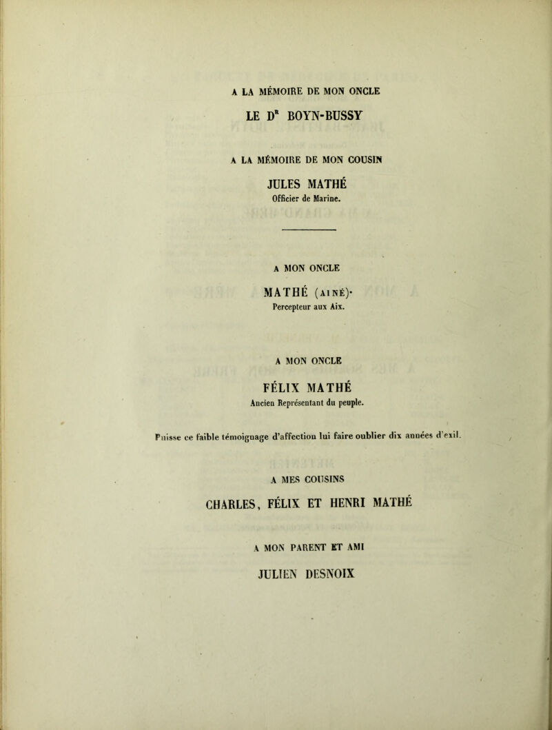 A LA MÉMOIRE DE MON ONCLE LE DR BOYN-BUSSY A LA MÉMOIRE DE MON COUSIN JULES MATHÉ Officier de Marine. A MON ONCLE MATHÉ (AÎNÉ)- Percepteur aux Aix. A MON ONCLE FÉLIX MATHÉ Ancien Représentant du peuple. Puisse ce faible témoignage d’affection lui faire oublier dix années d’exil. A MES COUSINS CHARLES, FÉLIX ET HENRI MATHÉ A MON PARENT ET AMI JULIEN DESNOIX