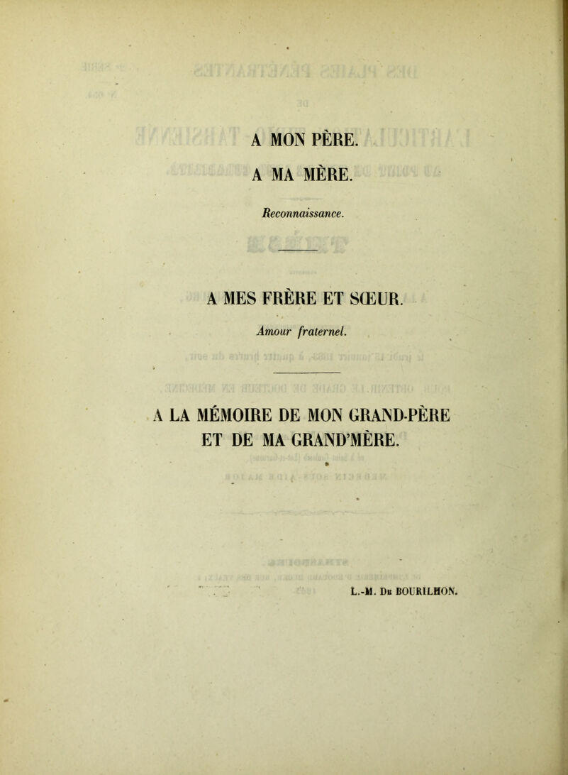 A MON PÈRE. A MA MÈRE. Reconnaissance. A MES FRÈRE ET SŒUR. Amour fraternel. A LA MÉMOIRE DE MON GRAND-PÈRE ET DE MA GRAND’MÈRE.