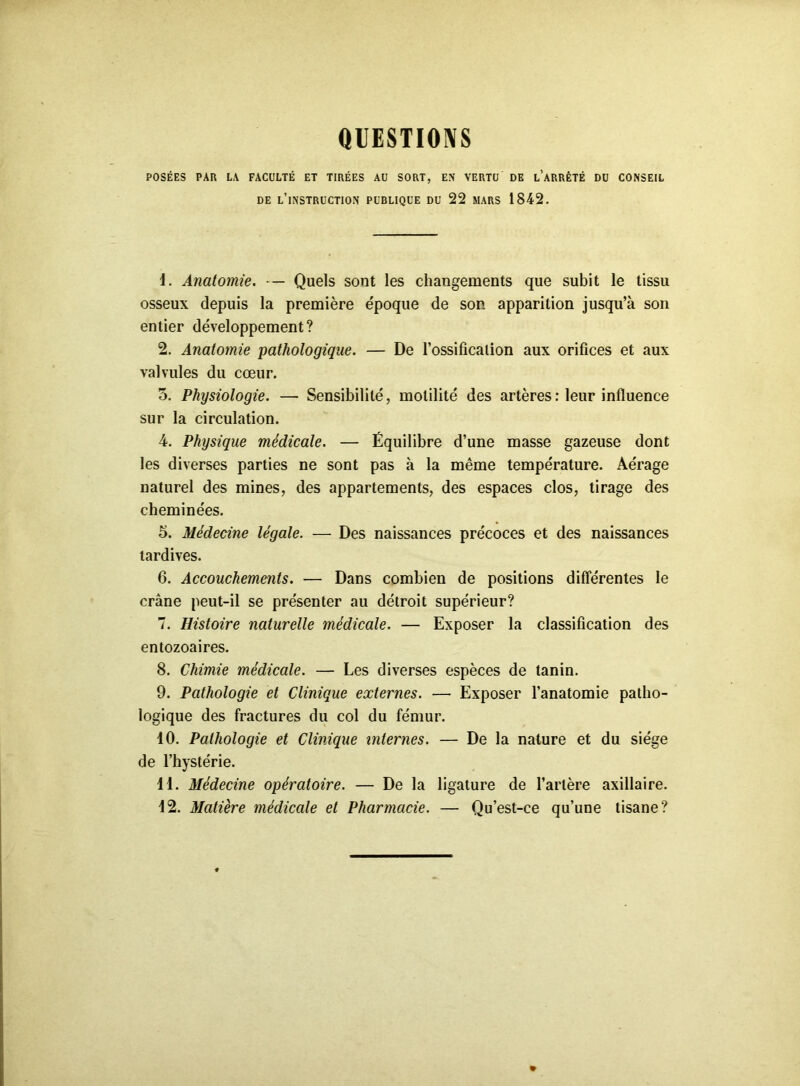 QUESTIOIVS POSÉES PAR LA FACULTÉ ET TIRÉES AU SORT, E.N VERTU DE l’aRRÊTÉ DU CONSEIL DE l’instruction PUBLIQUE DU 22 MARS 1842. d. Anatomie. — Quels sont les changements que subit le tissu osseux depuis la première époque de son apparition jusqu’à son entier développement? 2. Anatomie 'pathologique. — De l’ossification aux orifices et aux valvules du cœur. 5. Physiologie. — Sensibilité, motilité des artères ; leur influence sur la circulation. 4. Physique médicale. — Équilibre d’une masse gazeuse dont les diverses parties ne sont pas à la même température. Aérage naturel des mines, des appartements, des espaces clos, tirage des cheminées. 5. Médecine légale. — Des naissances précoces et des naissances tardives. 6. Accouchements. — Dans combien de positions différentes le crâne peut-il se présenter au détroit supérieur? 7. Histoire naturelle médicale. — Exposer la classification des entozoaires. 8. Chimie médicale. — Les diverses espèces de tanin. 9. Pathologie et Clinique externes. — Exposer l’anatomie patho- logique des fractures du col du fémur. 10. Pathologie et Clinique internes. — De la nature et du siège de l’hystérie. dl. Médecine opératoire. — De la ligature de l’artère axillaire. 12. Matière médicale et Pharmacie. — Qu’est-ce qu’une tisane?