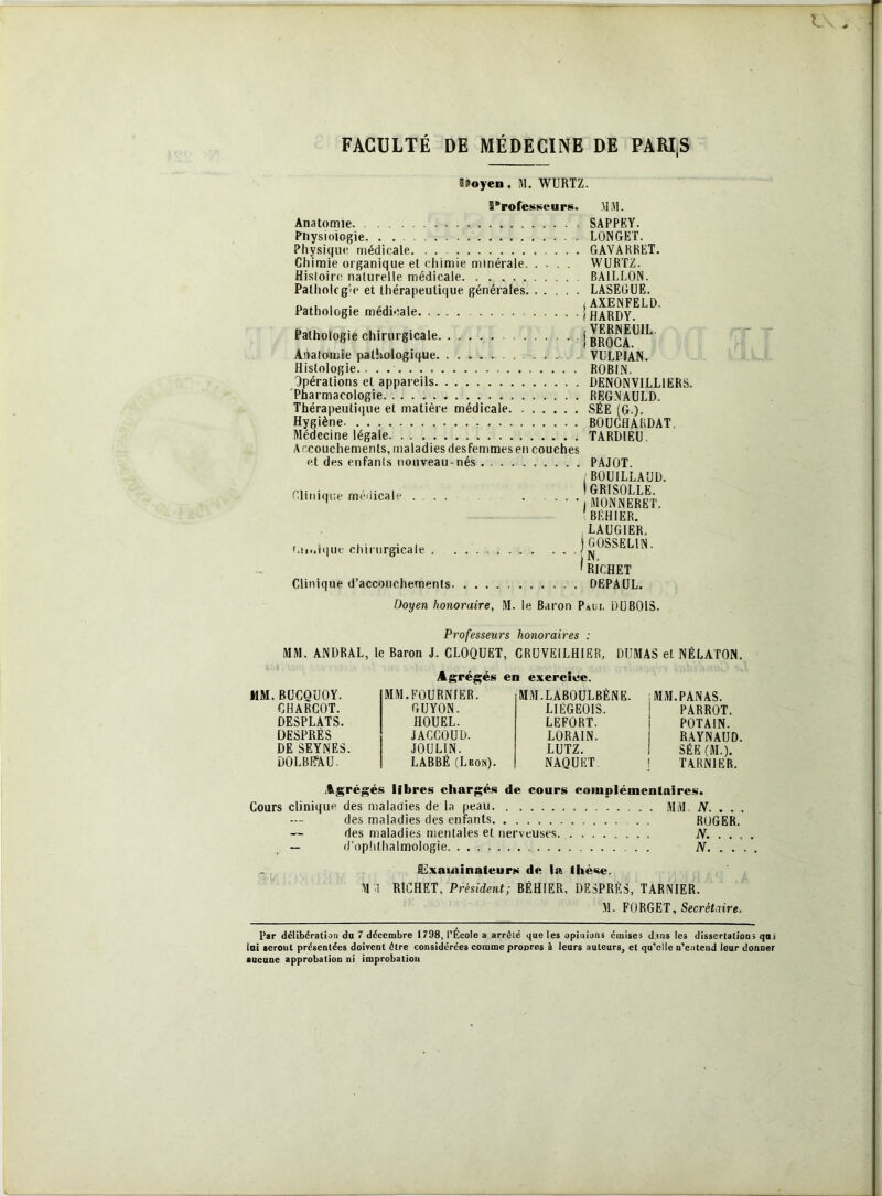 idoyen. Hl. WURTZ. S^rofesiiieurs. MM. Anatomie SAPPEY. Pliysioiogie. . LONGET. Physique médicale GAVARRET. Chimie organique et cliimie minérale WURTZ. Hisloirc naturelle médicale BAILLON. Palholcg'c et thérapeutique générales LASEGUE. „ . .... jAXENFELD. Pathologie médicale j Pathologie chirurgicale j Anatomie pathologique . VULPIAN. Histologie.. . ROBIN. Opérations et appareils DENONVILLIERS. 'Pharmacologie REGNAULD. Thérapeutique et matière médicale SÉE (G.), Hygiène BOUCHARDAT, Médecine légale TARDIEU. Accouchements, maladies des femmes en couches et des enfants nouveau-nés PAJOT. / BOUILLAUD. nii„iq„e méNicale mSreI. !BEHIER. ; LAUGIER. '.iii.iiiue chirurgicale j GOSSELIN. ^ RICHET Clinique d’accouchements DEPAUL. Doyen honoraire, M. le Baron Paul DUBOIS. MM. Professeurs honoraires : MM. ANDRAL, le Baron J. CLOQUET, CRUVEILHIER, DUMAS et NÉLATON. Agrégés en exercice. PARROT. POTAIN. RAYNAUD. SÉE (M.). TARNIER. BÜCQUOY. MM.FOURNIER. MM.LABOULBÈNE. CHARCOT. GUYON. LIÉGEOIS. DESPLATS. IIOUEL. LEFORT. DESPRÉS JACCOUD. LORAIN. DE SEYNES. JOULIN. LUTZ. DOLBE-AU. LABBÉ (Leon). NAQUET. Agrégés libres chargé.s de cours complémentaires. Cours clinique des malaûies de la peau MM. N. . . des maladies des enfants ROGER. des maladies mentales et nerveuses N. .. . — d’oplithalmologie N. . . S^].xauiinaleurs de la thèse. M l RICHET, Président; BÉHIER, DESPRÈS, TARNIER. •M. FORGET, Secrétaire. Par délibératian da 7 décembre 1798, l’École a arrêté que les opiiiiuns émises dans les disscrlalions qui lai seront présentées doivent être considérées comme pronres à leurs auteurs, et qu’elle n’entend leur donner aucune approbation ni improbation