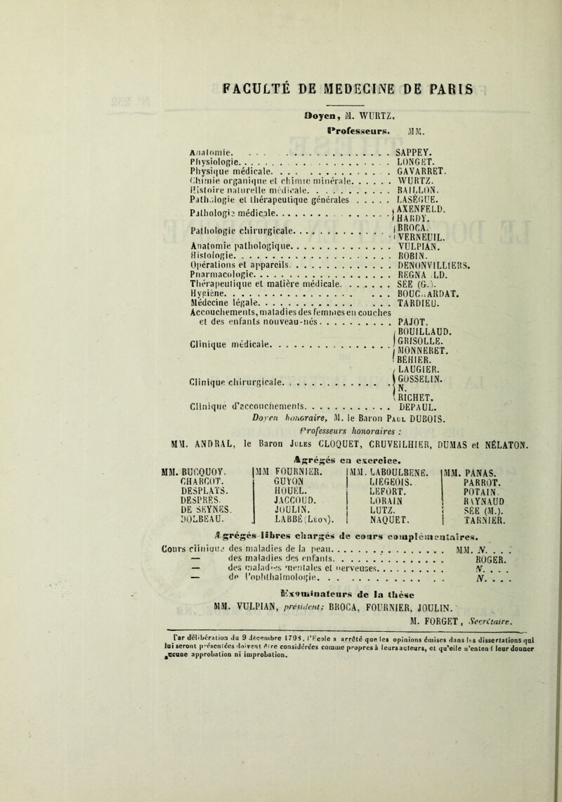 Uoycn, M. WURTZ. l*rofes<!ieu r$i. M iV.. sni Analnmie. ... SAPPEY. PItysioIogie . LONGET. Pliysi(|ue médicale. . . GAVARRET. Ghimie oi'gani(|iie el chimie minérale WURTZ. iîisloire naturelle médicale BAILLON. Path.dosie el Ihérapeulique générales LASÈGUE. Palliologis médicale !harD1^^^ Palhologic chirurgicale ivERNraiL Anatomie pathologique VULPIAN. Histologie ROBIN. Opérations et appareils DENONVILLIERS. Pnarmacologie REGNA LD. Thérapeutique el matière médieale. ...... SÉE (G. ;. Hygiène. BOUCuARDAT. Médecine légale ... TARDIEU. Accouchements, maladies des femmesen couches el des enfants nouveau-nés PAJOT. /BOUILLAUD. Clmique médicale floSti IBÉHIER. , LAUGIER. Clinique, chirurgicale | GOSSELIN. ! RICHET. Clinique d’accouchements. DEPAUL. Doyen honoraire, M. le Baron Paul DUBOIS. Professeurs honoraires : ANDRAL, le Baron Jules CLÛQUET, CRUVEiLHIER, DUMAS et NÉLATON. ARrégés en exercice. BIM. BUCQUOY. MM FOURNIER. MM. LAB0UL8ENË. MM. PANAS. CHARCOT. GU VON LIÉGEOIS. PARROT. DESPLAÎS. HOUEL. LEFORT. POTAIN. DESPRÈS. JACCOUD. LORAIN RlYNAUD DE SEYNES. JOULIN. LUTZ. SEE (M.). ’JOLBëAU. LABBE(LÉo^). NAQUET. î TARNIER. Agrégés fibres charges «!e cours coiuplénienî.alres. Cours cîinique des maladies de la jiean MM. N. .. . — des maladies des enfants '. ROGER. — des malad'es mentales cl nerveuses ,V. . . . — de l’oulilhalmologie N. . . . Bsxoïuiiiatcurs de la Uièsc MM. VULPIAN, président; BROCA, FOURNIER, JOULIN. M. FORGET , Secrétaire. Par dôtibcraiion du 9 JiScembre 179S, l’Pcîle a arrêté que le» opinions émises dans las dissertations qai lai seront p-ésenlécs 'ioîveni fli re considérées coomic propres à tours autours, et qu'eite idcnteo't leur donner ,ccaoc approbation ni improbation.