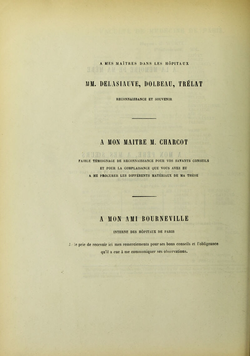 A MES MAÎTRES DANS LES HÔPITAUX AlM. DELASIAUVE, DOLBEAU, TRÉLAT RECONNAISSANCE ET SOUVENIR A MON MAITRE M. CHARCOT FAIBLE TÉMOIGNAGE DE RECONNAISSANCE POUR VOS SAVANTS CONSEILS ET POUR LA COMPLAISANCE ÜUE VOUS AVEZ EU A ME PROCURER LES DIFFÉRENTS MATÉRIAUX DE MA THÈSE A MON AMI BOURNEVILLE INTERNE DES HÔPITAUX DE PARIS le prie de recevoir ici mes remerciements pour ses bons conseils et l’obligeance qu’il a eue à me communiquer ses observations.