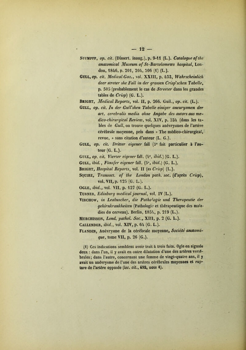 Stumpff, op. cit. (Dissert. inaug.),p. 9-11 (L.). Catalogue of lhe anatomical Muséum of St-Bartolomews hospital, Lon- don, 1846, p. 201, 204, 206 (1) (L.). GüLL, op. cit. Medical Gaz., vol. XXIII, p. 433, Wahrscheinlich deer stretei' she Fall in der grossen Crisp'schen Tabelle, p. 505 (probablement le cas de Streeter dans les grandes tables de Crisp) (G. L.). Bbight, Medical Reports, vol. II, p. 266. Gull., op. cit. (L.). Güll, op. cit. In der Gull’shen Tabelle einiger aneurysmen der art. cerebralis media oline Angabe des autors aus mé- dico-chirurgical Review, vol. XIV, p. 234 (dans les ta- bles de Gull, on trouve quelques anévrysmes de l’artère cérébrale moyenne, pris dans « The médico-chirurgical, revue, » sans citation d’auteur (L. G.). Güll, op. cit. Dritter eigener fall (3e fait particulier à l’au- teur (G. L.). Gull, op. cit. Vierier eigener fall. (4e, ibid.) (G. L.). Güll, ibid., Fiinsfer eigener fall. (5e, ibid.) (G. L.). Bright, Hospital Reports, vol. II (as Crisp) (L.). Sqüire, Transact. of lhe London path. soc. (d’après Crisp), vol. VII,p. 125 (G. L.). OGLE, ibid., vol. VII, p. 127 (G. L.). Turner, Edinburg medical journal, vol. IV (L.). Virchow, in Leabuscher, die Pathologie und Therapeutie der gehirnkrankheiten (Pathologie et thérapeutique des mala- dies du cerveau). Berlin, 1854, p. 219 (L.). MURCHISSON, Lond. pathol. Soc., XIII, p. 2 (G. L.). CALLENDER, ibid., vol. XIV, p. 64 (G. L.). Flandin, Anévrysme de la cérébrale moyenne, Société anatomi- que, tome VII, p. 26 (G.). (1) Ces indications semblent avoir trait à trois faits. Ogle en signale deux : dans l’un, il y avait en outre dilatation d’une des artères verté- brales; dans l’autre, concernant une femme de vingt-quatre ans, il y avait un anévrysme de l’une des artères cérébrales moyennes et rup- ture de l’artère opposée (loc. cit., 492, note 4).