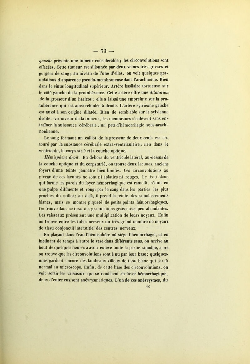 gauche présente une tumeur considérable ; les circonvolutions sont effacées. Cette tumeur est sillonnée par deux veines très-grosses et gorgées de sang ; au niveau de l’une d’elles, on voit quelques gra- nulations d’apparence pseudo-membraneuse dans l’arachnoïde. Rien dans le sinus longitudinal supérieur. Artère basilaire tortueuse sur le côté gauche de la protubérance. Cette artère offre une dilatation de la grosseur d’un haricot ; elle a laissé une empreinte sur la pro- tubérance qui est ainsi refoulée à droite. L’artère sylvienne gauche est aussi à son origine dilatée. Rien de semblable sur la sylvienne droite. Au niveau de la tumeur, les membranes s'enlèvent sans en- traîner la substance cérébrale; un peu d’hémorrhagie sous-arach- noïdienne. Le sang formant un caillot de la grosseur de deux œufs est en- touré par la substance cérébrale extra-ventriculaire; rien dans le ventricule, le corps strié et la couche optique. Hémisphère droit. En dehors du ventricule latéral, au-dessus de la couche optique et du corps strié, on trouve deux lacunes, anciens foyers d’une teinte jaunâtre bien limités. Les circonvolutions au niveau de ces lacunes ne sont ni aplaties ni rouges. Le tissu blanc qui forme les parois du foyer hémorrhagique est ramolli, réduit en une pulpe diffluente et rougi par le sang dans les parties les plus proches du caillot ; au delà, il prend la teinte des ramollissements blancs, mais se montre piqueté de petits points hémorrhagiques. On trouve dans ce tissu des granulations graisseuses peu abondantes. Les vaisseaux présentent une multiplication de leurs noyaux. Enfin on trouve entre les tubes nerveux un très-grand nombre de noyaux de tissu conjonctif interstitiel des centres nerveux. En plaçant dans l’eau l’hémisphère où siège l’hémorrhagie, et en inclinant de temps à autre le vase dans différents sens, on arrive au bout de quelques heures à avoir enlevé toute la partie ramollie, alors on trouve que les circonvolutions sont à nu par leur base ; quelques- unes gardent encore des lambeaux villeux de tissu blanc qui paraît normal au microscope. Enfin, de cette base des circonvolutions, on voit sortir les vaisseaux qui se rendaient au foyer hémorrhagique, deux d’entre eux sont anévrysmatiques. L’un de ces anévrysmes, du 10