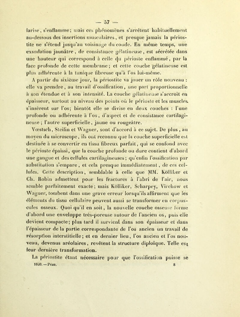 1ari.se, s’enHamme; nîais ces phénomènes s’arrêtent habituellement au-dessous des insertions musculaires, et presque jamais la périos- tite ne s’étend jusqu’au voisinage du coude. En même temps, une exsudation jaunâtre, de consistance gélatineuse, est sécrétée dans une hauteur qui correspond à celle cju périoste enflammé, par la face profonde de cette membrane ; et cette couche gélatineuse est plus adhérente à la tunique fibreuse qu’à l’os lui-même. A partir du sixième jour, la périostite va jouer un rôle nouveau : elle va prendre, au travail d’ossification, une part proportionnelle à son étendue et à son intensité. La couche gélatineuse s’accroît en épaisseur, surtout au niveau des points où le périoste et les muscles, s’insèrent sur l’os; bientôt elle se divise en deux couches ; l’une profonde ou adhérente à l’os, d’aspect et de consistance cartilagi- neuse ; l’autre superficielle, jaune ou rougeâtre. Vœstsch, Steilin et Wagner, sont d’accord à ce sujet. De plus , au moyen du microscope, ils ont reconnu que la couche superficielle est destinée à se convertir en tissu fibreux parfait, qui se confond avec le périoste épaissi, que la couche profonde ou dure contient d’abord une gangue et des cellules cartilagineuses; qu’enfin l’ossification par substitution s’empare, et cela presque immédiatement, de ces cel- lules. Cette description, semblable à celle que MM. Kôlliker et Ch. Robin admettent pour les fractures à l’abri de l’air, nous semble parfaitement exacte; mais Kôlliker, Scharpey, Virchovr et Wagner, tombent dans une grave erreur lorsqu’ils affirment que les éléments du tissu cellulaire peuvent aussi se transformer en corpus- cules osseux. Quoi qu’il en soit, la nouvelle couche osseuse forme d’abord une enveloppe très-poreuse autour de l’ancien os, puis elle devient compacte; plus tard il survient dans son épaisseur et dans l’épaisseur de la partie correspondante de l’os ancien un travail de résorption interstitielle; et en dernier lieu, l’os ancien et l’os nou- veau, devenus aréolaires, revêtent la structure diploïque. Telle est leur dernière transformation. La périostite étant nécessaire pour que l’ossification puisse se 1820. — PéaD. 8