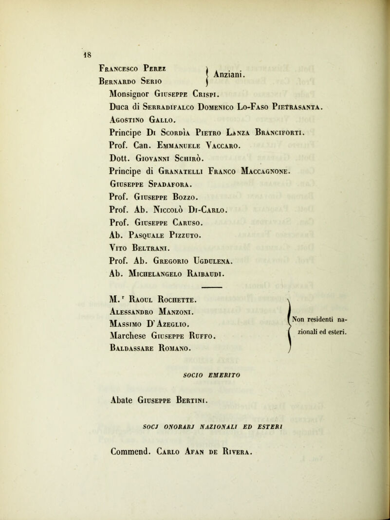 Francesco Perez ì . . . Anziani. Bernardo Serio J Monsignor Giuseppe Crispi. Duca di Serradifalco Domenico Lo-Faso Pietrasanta. Agostino Gallo. Principe Di Scordìa Pietro Lanza Branciforti. Prof. Can. Emmanuele Yaccaro. Dott. Giovanni Schirò. Principe di Granatelli Franco Maccagnone. Giuseppe Spad afora. Prof. Giuseppe Bozzo. Prof. Ab. Niccolò Di-Carlo. Prof. Giuseppe Caruso. Ab. Pasquale Pizzuto. Vito Beltrani. Prof. Ab. Gregorio Ugdulena. Ab. Michelangelo Raibaudi. M.r Raoul Rochette. Alessandro Manzoni. Massimo D’Azeglio. Marchese Giuseppe Ruffo. Baldassare Romano. SOCIO EMERITO Abate Giuseppe Bertini. SOCJ ONORARI NAZIONALI ED ESTERI Non residenti na- zionali ed esteri. Commend. Carlo Afan de Rivera.