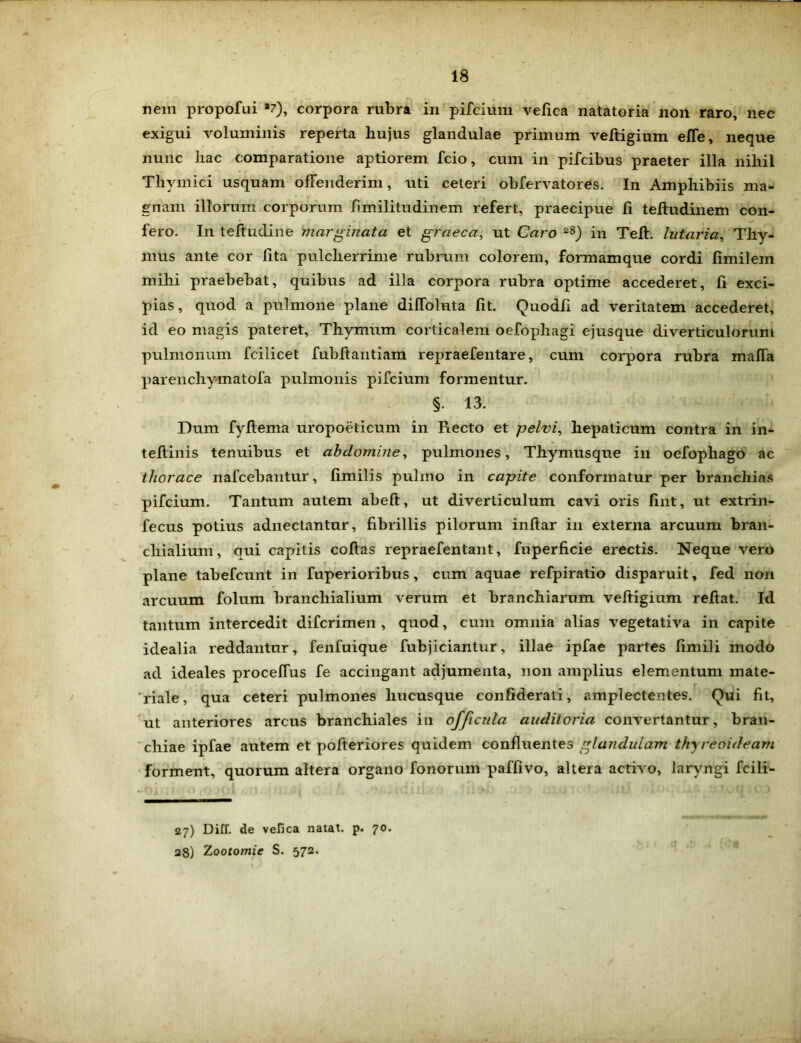 nem propofui a7), corpora rubra in pifcium vefica natatoria non raro, nec exigui voluminis reperta hujus glandulae primum veltigium effe, neque nunc hac comparatione aptiorem fcio, cum in pifcibus praeter illa nihil Thymici usquam offenderim, uti ceteri obfervatores. In Amphibiis ma- gnam illorum corporum fimilitudinem refert, praecipue j(i teffudinem con- fero. In teffudine marginata et graeca, ut Caro 2S) in Teft. lutaria, Thy- mus ante cor lita pulcherrime rubrum colorem, formamque cordi fimilem mihi praebebat, quibus ad illa corpora rubra optime accederet, fi exci- pias, quod a pulmone plane diffoluta fit. Quodfi ad veritatem accederet, id eo magis pateret. Thymum corticalem oefophagi ejusque diverticulorum pulmonum fcilicet fubfiantiam repraefentare, cum corpora rubra maffa parenchymatofa pulmonis pifcium formentur. §. 13. Dum fyffema uropoeticum in Recto et pelvi, hepaticum contra in in- teltinis tenuibus et abdomine, pulmones, Thymusque in oefophago ac thorace nafcebantur, fimilis pulmo in capite conformatur per branchias pifcium. Tantum autem abeft, ut diverticulum cavi oris fint, ut extrin- fecus potius adnectantur, fibrillis pilorum inftar in externa arcuum bran- chialium, oui capitis collas repraefentant, fuperficie erectis. Neque vero plane tabefcunt in fuperioribus, cum aquae refpiratio disparuit, fed non arcuum folum branchialium verum et branchiarum veltigium reflat. Id tantum intercedit difcrimen , quod, cum omnia alias vegetativa in capite idealia reddantur, fenfuique fubjiciantur, illae ipfae partes fimili modo ad ideales proceffus fe accingant adjumenta, non amplius elementum mate- riale, qua ceteri pulmones hucusque confiderati, amplectentes. Qui fit, ut anteriores arcus branchiales in officula auditoria convertantur, bran- chiae ipfae autem et pofteriores quidem confluentes glandulam thyreoideam forment, quorum altera organo fonorum paffivo, altera activo, laryngi fcili- 27) Diff. de vefica natat, p. 70. 28) Zootomie S. 572.