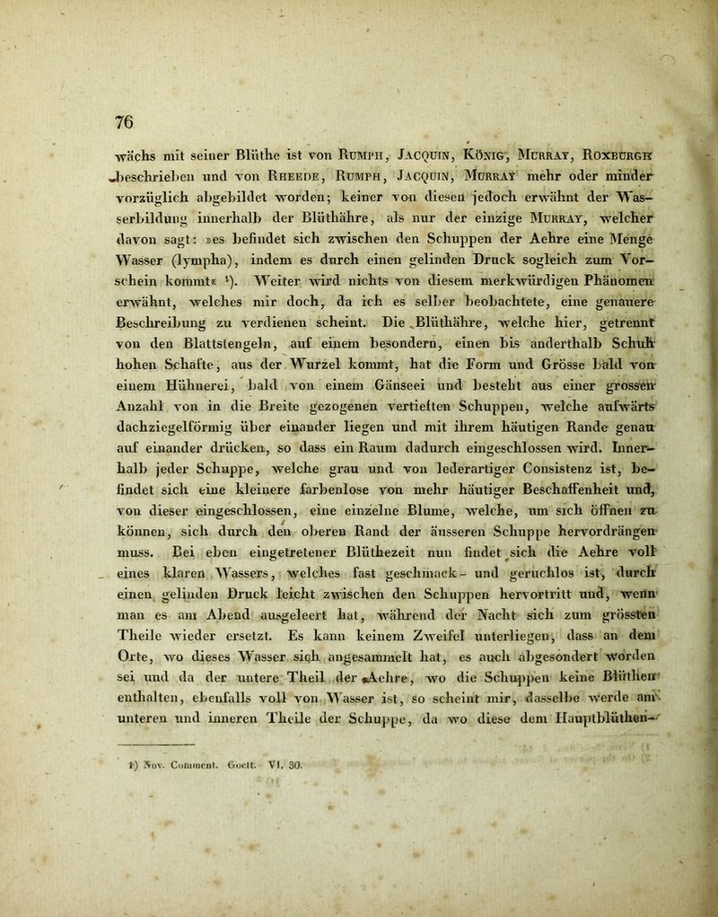 wachs mit seiner Blüthe ist von Rumph, Jacquin, König, Mcrray, Roxeürgh J)eschriehen und von Rheede, Rumph, Jacquin, Murray mehr oder minder vorzüglich aligehildet worden; keiner von diesen jedoch erwähnt der Was- serLildiing innerhalb der Blüthähre, als nur der einzige Murray, welcher davon sagt: »es befindet sich zwischen den Schuppen der Aehre eine Menge Wasser (lympha), indem es durch einen gelinden Druck sogleich zum Vor- schein kommt« ^). Weiter wird nichts von diesem merkwürdigen Phänomen erwähnt, welches mir doch, da ich es sellier beobachtete, eine genauere Beschreibung zu verdienen scheint. Die ^Blüthähre, welche hier, getrennt von den Blattslengeln, auf einem besondern, einen bis anderthalb Schuh hohen Schafte, aus der Wurzel kommt, hat die Form und Grösse bald von einem Hühnerei, bald von einem Gänseei und besteht aus einer grossen- Anzahl von in die Breite gezogenen vertieften Schuppen, welche aufwärts dachziegelförmig über einander liegen und mit ihrem häutigen Rande genau auf einander drücken, so dass ein Raum dadurch eiugeschlossen wird. Inner- halb jeder Schuppe, welche grau und von lederartiger Consistenz ist, be- findet sich eine kleinere farbeulose von mehr häutiger Beschaffenheit und, von dieser eingeschlossen, eine einzelne Blume, welche, um sich öffnen zu können, sich durch den oberen Rand der äusseren Schuppe hervordrängen muss. Bei eben eingetretener Blüthezeit nun findet ^sich die Aehre voll _ eines klaren . Wassers, welches fast geschmack- und geruchlos ist, durch einen gelinden Druck leicht zwischen den Schuppen hervortritt und, weün man es am Abend ausgeleert hat, während der Nacht sich zum grössten Theile wieder ersetzt. Es kann keinem ZAveifel unterliegen, dass an dem Orte, wo dieses Wasser siqh angesammelt hat, es auch allgesondert worden sei und da der untere Theil der*Aelire, w^o die Schujipen keine Biütheir enthalten, ebenfalls voll von Wasser ist, so scheint mir, dassellie werde am^ unteren und inneren Theile der Schuppe, da wo diese dem Ilauptblüthen— 1) Nov. Commciil. GocU. VI. 30.