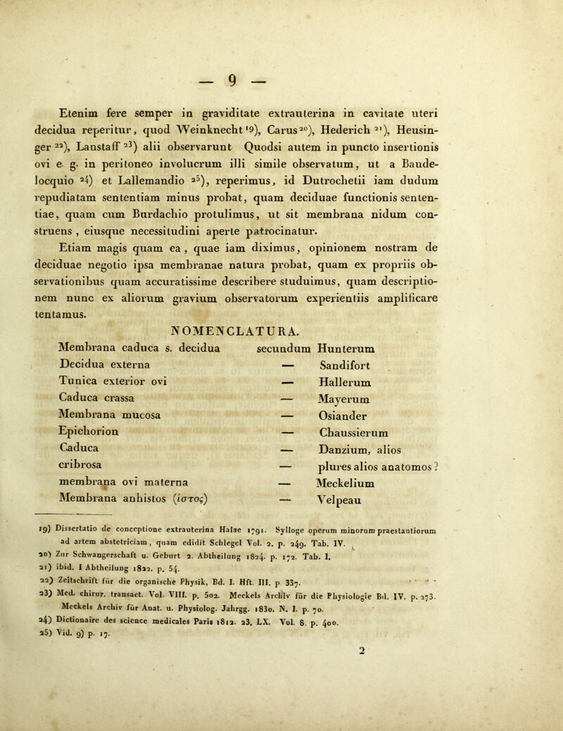 Etenim fere semper in graviditate extrauterina in cavitate uteri decidua reperitur, quod Weinknecht'9), Carus20), Hederich 2I), Heusin- ger 22), LanstafF a3) alii observarunt Quodsi autem in puncto insertionis ovi e g. in peritoneo involucrum illi simile observatum, ut a Baude- locquio a4) et Lallemandio a5), reperimus, id Dutroclietii iam dudum repudiatam sententiam minus probat, quam deciduae functionis senten- tiae, quam cum Burdacbio protulimus, ut sit membrana nidum con- struens , eiusque necessitudini aperte patrocinatur. Etiam magis quam ea, quae iam diximus, opinionem nostram de deciduae negotio ipsa membranae natura probat, quam ex propriis ob- servationibus quam accuratissime describere studuimus, quam descriptio- nem nunc ex aliorum gravium observatorum experientiis amplificare tentamus. NOMENCLATURA. Membrana caduca s. decidua Decidua externa Tunica exterior ovi Caduca crassa Membrana mucosa Epicliorion Caduca cribrosa membrana ovi materna Membrana anhistos (laros) secundum Hunterum — Sandifort — Hallerum — Mayerum — Osiander — Cbaussierum — Danzium, alios — plures alios anatomos ? — Meckelium — Velpeau 19) Dissertatio de conceptione extrauterina Halae 1791. Sylloge operum minorum praestantiorum ad artem abstetriciam , quam edidit Scblegel Vol. 2. p. 249. Tab. IV. 20) Zur Schwangerschaft u. Geburt 2. Abtheiiung 1824. p. 172. Tab. I. 21) ibid. I Abtheiiung 1822. p. 54. 22) Zeitschrift fiir die organische Physit, Bd. I. Hft. III. p. 337. a3} Med. chirur. transact. Vol. VIII. p. 502. Meckels Archir fiir die Physiologie Bd. IV. p. 278. Meckels Archiv fiir Anat. u. Pbysiolog. Jahrgg. i83o. N. I. p. 70. a4) Dictionaire des science medicales Paris 1812. 23. LX. Vol. 8. p. 400.