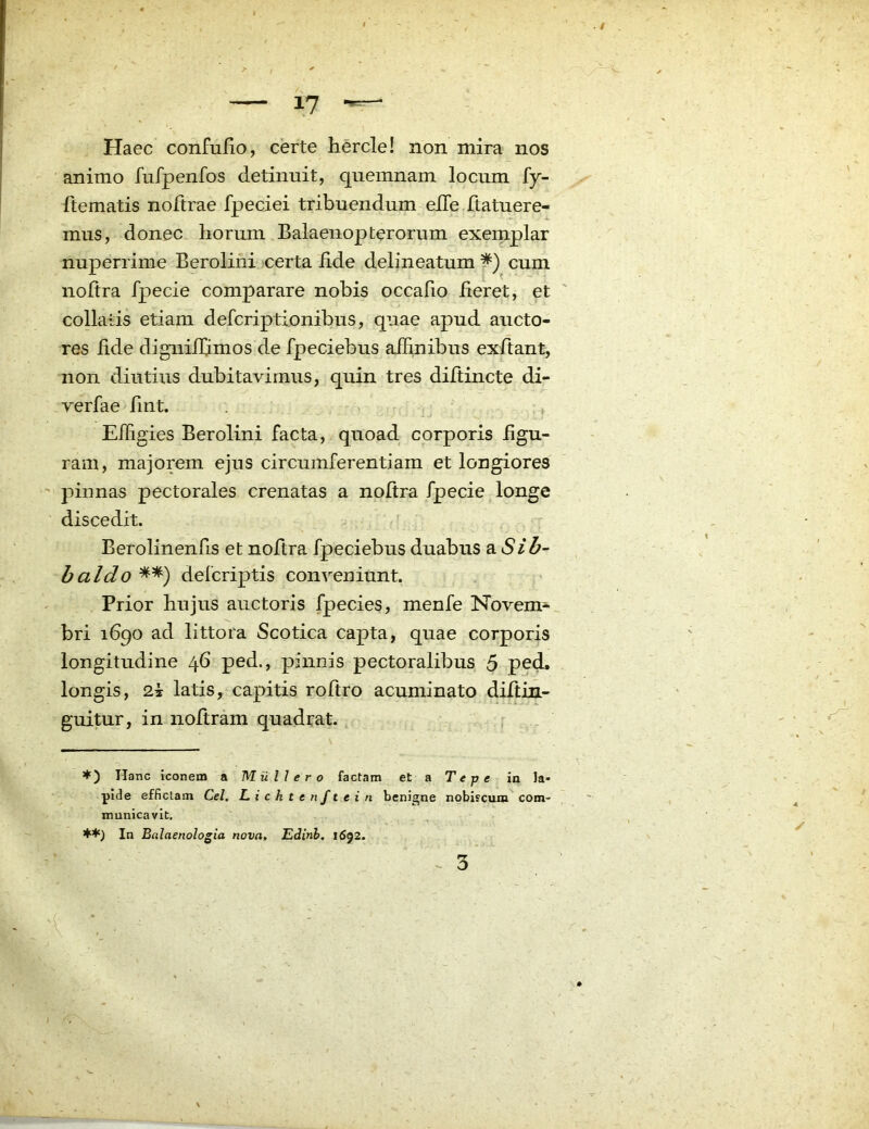 Haec confulio, certe hercle! non mira nos animo fufpenfos detinuit, quemnam locum fy- ftematis noftrae fpeciei tribuendum elTe Itatuere- mus, donec horum Balaeiiopterorum exemplar nuperrime Berolini certa iide delineatum cum noltra fpecie comparare nobis occafio fieret, et collaiis etiam defcriptionibus, quae apud aucto- res hde digniBimos de fpeciebus affinibus ex/tant, non diutius dubitavimus, quin tres diftincte di- verfae fint. . > :» Effigies Berolini facta, quoad corporis figu- ram, majorem ejus circumferentiam et longiores pinnas pectorales crenatas a noltra fpecie longe discedit. Berolinenfis et noftra fpeciebus duabus Q.Sib~ haldo **) defcriptis conveniunt. Prior hujus auctoris fpecies, menfe Novem-, bri ihqo ad littora Scotica capta, quae corporis longitudine 46 ped., pinnis pectoralibus 5 ped. longis, 2i latis, capitis roftro acuminato diftin- guitur, in nofiram quadrat. ♦ ) Hanc iconem a Muliero factam et a T e p e in Ia« plde effictam Cei, Licktenftein benigne nobifcum com* municavit. In Balaenologia nova, Edinh. 1692. \ 3