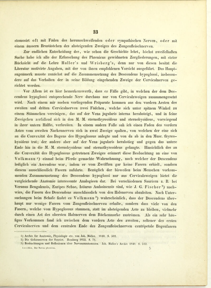 stomosirt oft mit Fäden des herumschweifenden oder sympathischen Nerven, oder mit einem äussern Brustästchen des absteigenden Zweiges des Zungenfleischnerven. Zur endlichen Entscheidung der, wie schon die Geschichte lehrt, höchst zweifelhaften Sache habe ich alle der Erforschung des Phrenicus gewidmeten Zergliederungen, mit steter Rücksicht auf die Lehre Haller’s und Wrisherg’s, denn nur von diesen besitzt die Literatur motivirte Angaben, mit der von ihnen empfohlenen Vorsicht ausgeführt. Das Haupt- augenmerk musste zunächst auf die Zusammensetzung des Descendens hypoglossi, insbeson- dere auf das Verhalten der in seine Bildung eingehenden Zweige der Cervicalnerven ge- richtet werden. Vor Allem ist es hier bemerkenswerth, dass es Fälle gibt, in welchen der dem Des- cendens hypoglossi entsprechende Nerv durchaus nur von Cervicalzweigen zusammengesetzt wird. Nach einem mir soeben vorliegenden Präparate kommen aus den vordem Aesten des zweiten und dritten Cervicalnerven zwei Fädchen, welche sich unter spitzem Winkel zu einem Stämmchen vereinigen, das auf der Vena jugularis interna herabsteigt, und in feine Zweigehen zerfallend sich in den M. M. sternothyreoideus und sternohyoideus, vorwiegend in ihrer untern Hälfte, verbreiten. In einem andern Falle sah ich einen Faden des vordem Astes vom zweiten Nackennerven sich in zwei Zweige spalten, von welchen der eine sich an die Convexität des Bogens des Ilypoglossus anlegte und von da ab in den Muse, thyreo- hyoideus trat; der andere aber auf der Vena jugularis herabstieg und gegen das untere Ende hin in die M. M. sternohyoideus und sternothyreoideus gelangte. Hinsichtlich des an die Convexität des Hypoglossus getretenen Zweiges erinnert diese Beobachtung an eine von Volk mann *) einmal beim Pferde gemachte Wahrnehmung, nach welcher der Descendens lediglich ein Ascendens war, indem er vom Zwölften gar keine Fasern erhielt, sondern diesem ausschliesslich Fasern zuführte. Bezüglich der bisweilen beim Menschen vorkom- menden Zusammensetzung des Descendens hypoglossi nur aus Cervicalzweigen bietet die vergleichende Anatomie interessante Analogieen dar. Bei verschiedenen Sauriern z. B. bei Veranus Bengalensis, Euripes Sebae, Istiurus Amboinensis sind, wie J. G. Fischer* 2) nach- wies, die Fasern des Descendens ausschliesslich von den Halsnerven abzuleiten. Nach Unter- suchungen beim Schafe findet es Volkmann3) wahrscheinlich, dass der Descendens über- haupt nur wenige Fasern vom Zungenfleischnerven erhalte, sondern dass viele von den Fasern, welche vom Hypoglossus stammen, statt im absteigenden Aste zu bleiben, vielmehr durch einen Ast des obersten Halsnerven dem Rückenmarke Zuströmen. Als ein sehr häu- figes Vorkommen fand ich zwischen dem vordem Aste des zweiten, seltener des ersten Cervicalnerven und dem centralen Ende des Zungenfleischnerven centripetale Bogenfasern J) Archiv für Anatomie, Physiologie etc. von Joh. Müller. 1810. S. 502. 2) Die Gehirnnerven der Saurier. Hamburg 1852. S. 71. 3) Beobachtungen und Reflexionen über Nervenanastomosen. Joh. Miiller’s Archiv 1840. S. 512. Luschka, Der Nervus phrenicus. ^