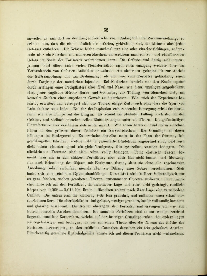 zuweilen da und dort an der Lungenoberfläche vor. Anlangend ihre Zusammensetzung, so erkennt man, dass die einen, nämlich die grössten, gelasshaltig sind, die kleinern aber jeden Gefässes entbehren. Die Gefässe bilden manchmal nur eine oder einzelne Schlingen, andere- male aber ein Netzchen mit mehreren Maschen, an welchem man ein zu- und rückführendes Gefäss im Stiele des Fortsatzes wahrnehmen kann. Die Gefässe sind häufig nicht injicirt, ja man findet öfters unter vielen Pleurafortsätzen nicht einen einzigen, welcher über das Vorhandensein von Gefässen Aufschluss gewährte. Am sichersten gelangte ich zur Ansicht der Gefässanordnung und zur Bestimmung, ob und wie viele Fortsätze gefässhaltig seien, durch For^rung der natürlichen Injection. Bei Kaninchen bewirkt man den Erstickungstod durch Auflegen eines Pechpflasters über Maul und Nase, wie diess, unseligen Angedenkens, einst jener englische Mörder Burke und Genossen, zur Tödtung von Menschen tliat, um keinerlei Zeichen einer angethanen Gewalt zu hinterlassen. Wie mich das Experiment be- lehrte, erweitert und verengert sich der Thorax einige Zeit, auch ohne dass die Spur von Luftaufnahme statt findet. Bei der der Inspiration entsprechenden Bewegung wirkt der Brust- raum wie eine Pumpe auf die Lungen. Es kömmt zur stärksten Füllung auch der feinsten Gefässe, und vielfach entstehen selbst Blutaustretungen unter die Pleura. Die gefässhaltigen Pleurafortsätze aber erscheinen stets schön injicirt. Wie schon bemerkt, fand ich in einzelnen Fällen in den grössten dieser Fortsätze ein Nervenröhrchen. Die Grundlage all dieser Bildungen ist Bindegewebe. Es erscheint dasselbe meist in der Form der feinsten, fein geschlängelten Fibrillen, welche bald in gesonderte Btindelchen angeordnet sind, bald auch dicht neben einanderliegend ein gleichförmigeres, fein gestreiftes Ansehen bedingen. Die allerkleinsten Fortsätze sind nicht selten völlig homogen. Feine elastische Fasern be- merkt man nur in den stärkern Fortsätzen, aber auch hier nicht immer, und überzeugt sich nach Behandlung des Objects mit Essigsäure davon, dass sie ohne alle regelmässige Anordnung isolirt verlaufen, niemals aber zur Bildung eines Netzes verschmelzen. Stets findet sich eine reichliche Epithelialumhüllung. Diese lässt sich in ihrer Vollständigkeit nur an ganz frischen, soeben getödteten Thieren, entnommenen Objecten studieren. Beim Kanin- chen finde ich auf den Fortsätzen, in mehrfacher Lage und sehr dicht gedrängt, rundliche Körper von 0,008 — 0,016 Mm. Breite. Dieselben zeigen nach ihrer Lage eine verschiedene Qualität. Die untern sind die kleinern, stets fein granulirt, und enthalten einen scharf um- schriebenen Kern. Die oberflächlichen sind grösser, weniger granulirt, häufig vollständig homogen und glasartig aussehend. Die Körper überragen den Fortsatz, und erzeugen ein wie von Beeren besetztes Ansehen desselben. Bei manchen Fortsätzen sind es nur wenige zerstreut liegende, rundliche Körperchen, welche auf der faserigen Grundlage ruhen, bei andern liegen sie regelmässiger und bedingen, da sie mit einem Theile über das Niveau der Fläche des Fortsatzes hervorragen, an den seitlichen Contouren desselben ein fein gekerbtes Ansehen. Plältchenartig gestaltete Epithelialgebilde konnte ich auf diesen Fortsätzen nicht wahrnehmen.