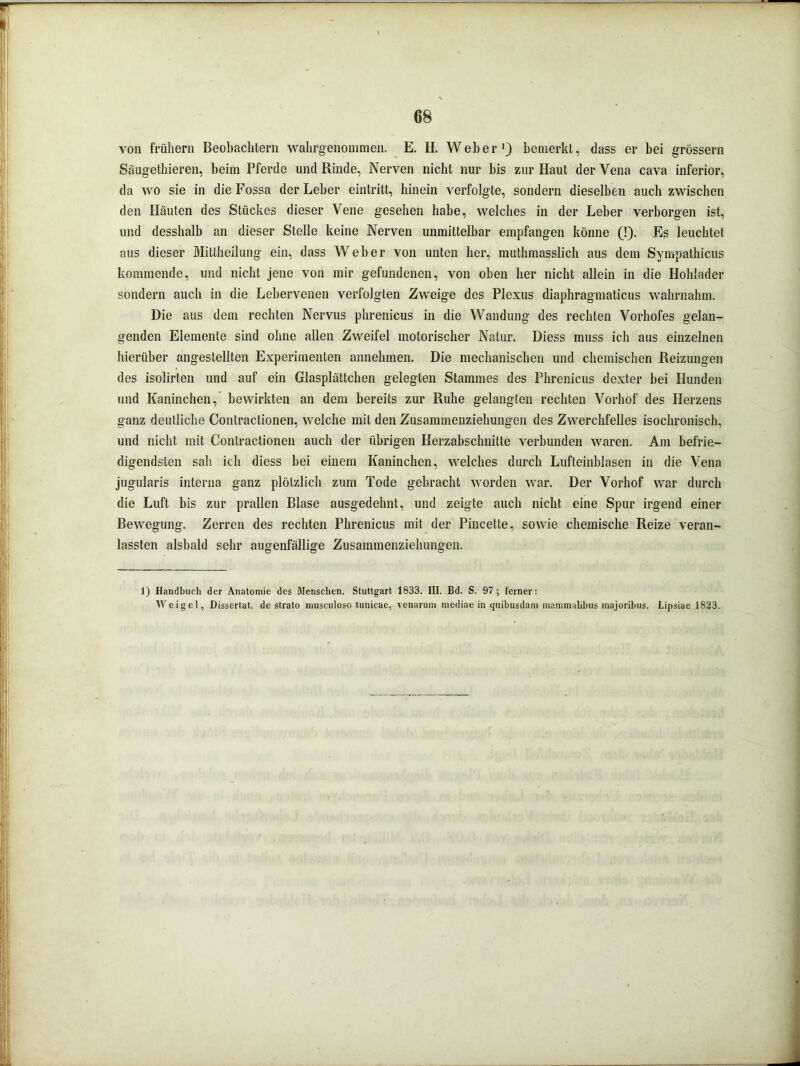 von frühem Beobachtern wahrgenommen. E. H. Weber1) bemerkt, dass er bei grossem Säugethieren, beim Pferde und Rinde, Nerven nicht nur bis zur Haut der Vena cava inferior, da wo sie in die Fossa der Leber eintritt, hinein verfolgte, sondern dieselben auch zwischen den Häuten des Stückes dieser Vene gesehen habe, welches in der Leber verborgen ist, und desshalb an dieser Stelle keine Nerven unmittelbar empfangen könne (!). Es leuchtet aus dieser Mittheilung ein, dass Weber von unten her, muthmasslich aus dem Sympathicus kommende, und nicht jene von mir gefundenen, von oben her nicht allein in die Hohlader sondern auch in die Lebervenen verfolgten Zweige des Plexus diaphragmaticus wahrnahm. Die aus dem rechten Nervus phrenicus in die Wandung des rechten Vorhofes gelan- genden Elemente sind ohne allen Zweifel motorischer Natur. Diess muss ich aus einzelnen hierüber angestellten Experimenten annehmen. Die mechanischen und chemischen Reizungen des isolirten und auf ein Glasplättchen gelegten Stammes des Phrenicus dexter bei Hunden und Kaninchen, bewirkten an dem bereits zur Ruhe gelangten rechten Vorhof des Herzens ganz deutliche Contractionen, welche mit den Zusammenziehungen des Zwerchfelles isochronisch, und nicht mit Contractionen auch der übrigen Herzabschnitte verbunden waren. Am befrie- digendsten sah ich diess bei einem Kaninchen, welches durch Lufteinblasen in die Vena jugularis interna ganz plötzlich zum Tode gebracht worden war. Der Vorhof war durch die Luft bis zur prallen Blase ausgedehnt, und zeigte auch nicht eine Spur irgend einer Bewegung. Zerren des rechten Phrenicus mit der Pincette, sowie chemische Reize veran- lassten alsbald sehr augenfällige Zusammenziehungen. i) Handbuch der Anatomie des Menschen. Stuttgart 1833. III. Bd. S. 97; ferner: Weigel, Dissertat. de strato musculoso tunicae, venarum mediae in quibusdam matnmalibus majoribus. Lipsiae 1823.