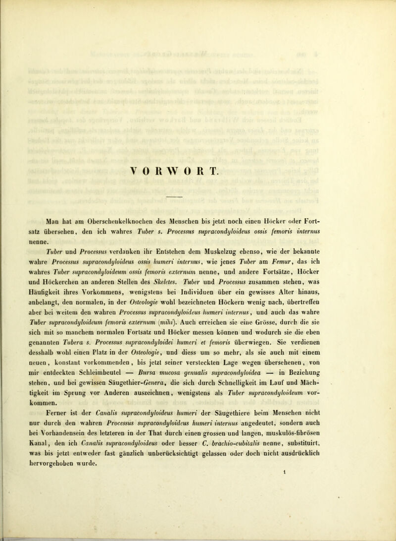 VORWORT. Mao hat am Oberscheukelknochen des Meoschen bis jetzt noch einen Höcker oder Fort- satz übersehen, den ich wahres Tuber s. Processus supracondyloideus ossis femoris internus nenne. Tuber und Processus verdanken ihr Entstehen dem Muskelzug ebenso, wie der bekannte wahre Processus supracondyloideus ossis humeri internus, wie jenes Tuber am Femur, das ich wahres Tuber supracondyloideum ossis femoris externum nenne, und andere Fortsätze, Höcker und Höckerchen an anderen Stellen des Skeletes. Tuber und Processus zusammen stehen, was Häufigkeit ihres Vorkommens, wenigstens bei Individuen über ein gewisses Alter hinaus, anbelangt, den normalen, in der Osteologie wohl bezeichneten Höckern wenig nach, übertreffen aber bei weitem den wahren Processus supracondyloideus humeri internus, und auch das wahre Tuber supracondyloideum femoris externum [mihi). Auch erreichen sie eine Grösse, durch die sie sich mit so manchem normalen Fortsatz und Höcker messen können und wodurch sie die eben genannten Tubera s. Processus supracondyloidei humeri et femoris üherwiegen. Sie verdienen desshalb wohl einen Platz in der Osteologie, und diess um so mehr, als sie auch mit einem neuen, konstant vorkommenden , bis jetzt seiner versteckten Lage wegen übersehenen, von mir entdeckten Schleimbeutel — Bursa mucosa genualis supracondyloidea — in Beziehung stehen, und bei gewissen Säugethier-Genera, die sich durch Schnelligkeit im Lauf und Mäch- tigkeit im Sprung vor Anderen auszeichnen, wenigstens als Tuber supracondyloideum ver- kommen. Ferner ist der Canalis supracondyloideus humeri der Säugethiere beim Menschen nicht nur durch den wahren Processus supracondyloideus humeri internus angedeutet, sondern auch bei Vorhandensein des letzteren in der That durch einen grossen und langen, muskulös-fibrösen Kanal, den ich Canalis supracondyloideus oder besser C. brachio-cubitalis nenne, substituirt, was bis jetzt entweder fast gänzlich unberücksichtigt gelassen oder doch nicht ausdrücklich hervorgehoben wurde. 1