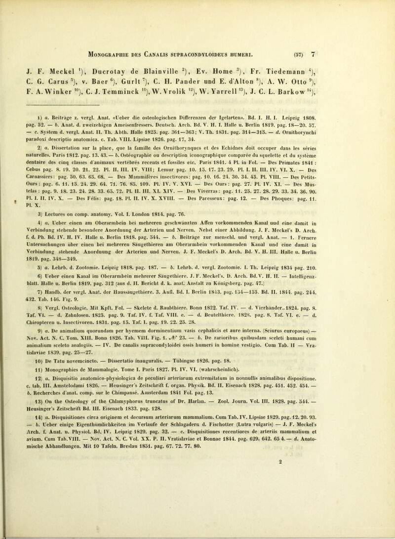 J. F. Meckel ’), Ducrotay de Blainville ^), Ev. Home ), Fr. Tiedemann ^), C, G. Carus ®), v. Baer ®), Gurlt ’), C. H. Pander und E. d’Älton *), A. W. Otto ®), F. A. Winker C. J. Temmiiick ”), W. Vrolik W. Yarrell J. C. L. Barkow 1) a. Beiträge z. vergl. Anat. «lieber die osteologischen Differenzen der Igelarten». Bd. I. H. I. Leipzig 1808. pag. 52. — h. Anat. d. zweizehigen Ameisenfressers. Deutsch. Arch. Bd. V. H. I. Halle u. Berlin 1819. pag. 18—20. 57. — c. System d. Tergl. Anat. II. Th. Abth. Halle 1825. pag. 361—363; V. Th. 1831. pag. 314—315. — d. Ornithoryuchi paradox! descriptio anatomica. c. Tah. VIII. Lipsiae 1826. pag. 17, 34. 2) a. Dissertation sur la place, que la famille des Ornithorynques et des Echidnes doit occuper dans les series naturelles. Paris 1812. pag. 13. 43.— 6. Osteographie ou description iconographique comparee du squelette et du Systeme dentaire des cinq classes d'animaux vertebres recents et fossiles etc. Paris 1841. 4 PI. in Fol. — Des Primates 1841 : Cebus pag. 8. 19. 20. 21. 22. PI. II. III. IV. VIII; Lemur pag. 10. 15. 17. 23. 29. PI. I. II. III. IV. VI. X. — Des Carnassiers: pag. 50. 63. 65. 68. — Des Mammiferes insectivores: pag. 10. 16. 24. 30. 34. 45. PI. VIII. — Des Petits- Ours : pag. 6. II. 15. 24. 29. 64. 71. 76. 85. 109. PI. IV. V. XVI. — Des Ours : pag. 27. PI. IV. XI. — Des Mus- telas : pag. 9. 18. 23. 24. 28. 33. 65. 72. PI. II. III. XI. XIV. — Des Viverras: pag. 11. 25. 27. 28. 29. 33. 34. 36. 90. PI. I. II. IV. X. — Des Felis: pag. 18. PI. II. IV. X. XVIII. — Des Paresseux; pag. 12. — Des Phoques: pag. 11. PI. X. 3) Lectures on comp, anatomy. Vol. I. London 1814. pag. 76. 4) a. Ueber einen am Oberarmbein bei mehreren geschwänzten Affen rorkommenden Kanal uud eine damit in Verbindung stehende besondere Anordnung der Arterien und Nerren. Nebst einer Abbildung. J. F. Meckel’s D. Arch. f. d. Ph. Bd. IV. H. IV. Halle u. Berlin 1818. pag. 544. — b. Beiträge zur menschl. und vergl. Anat. — 1. Fernere Untersuchungen über einen bei mehreren Säugethieren am Oberarmbein vorkommenden Kanal und eine damit in Verbindung stehende Anordnung der Arterien und Nerven. J. F. Meckel’s D. Arch. Bd. V. H. HI. Halle u. Berlin 1819. pag. 348—349. 5) a. Lehrb. d. Zootomie. Leipzig 1818. pag. 187. — 6. Lehrb. d. vergl. Zootomie. I. Th. Leipzig 1834 pag. 210. 6) Ueber einen Kanal im Oberarmbein mehrerer Säugethiere. J. F. Meckel’s. D. Arch. Bd.V. H. II. — Intelligenz- blatt. Halle u. Berlin 1819. pag. 312 (aus d. II. Bericht d. k. anat. Anstalt zu Königsberg, pag. 47.) 7) Handb. der vergl. Anat. der Haussäugethiere. 3. AuD. Bd. I. Berlin 1843. pag. 154—155. Bd. II. 1844. pag. 244. 432. Tab. 146. Fig. 9. 8) Vergl. Osteologie. Mit Kpft. Fol. — Skelete d. Raubthiere. Bonn 1822. Taf. IV. — d. Vierhänder.. 1824. pag. 8. Taf. VI. — d. Zahnlosen. 1825. pag. 9. Taf. IV. f. Taf. VIII. e. — d. Beutelthiere. 1828. pag. 8. Taf. VI. e. — d. Chiropteren u. Insectivoren. 1831. pag. 15. Taf. I. pag. 19. 22. 25. 28. 9) a. De animalium quorundam per hyemem dormineutium vasis cephalicis et aure interna. (Sciurus europaeus) — Nov. Act. N. C. Tom. XIII. Bonn 1826. Tab. Vill. Fig. 1. 23. — h. De rarioribus quibusdam sceleti humani cum animalium sceleto analogiis. — IV. De canalis supracondyloidei ossis humeri in homine vestigio. Cum Tab. II — Vra- tislaviae 1839. pag. 25—27. 10) De Tatu novemcincto. — Dissertatio inauguralis. — Tübingae 1826. pag. 18. 11) Monographies de Mammalogie. Tome I. Paris 1827. PI. IV. VI. (wahrscheinlich). 12) a, Disquisitio anatomico-physiologica de peculiari arteriarum extremitatum in nonnullis animalibus dispositione. c. tah. III. Amstelodami 1826. — Heusinger’s Zeitschrift f. organ. Physik. Bd. II. Eisenach 1828. pag. 451. 452. 454. — b. Recherches d’anat. comp, sur le Chimpanse. Amsterdam 1841 Fol. pag. 13. 13) On the Osteology of the Chlamyphorus truncatus of Dr. Harlan. — Zool. Journ. Vol. III. 1828. pag. 544. — Heusinger’s Zeitschrift Bd. III. Eisenach 1833. pag. 128. 14) a. Disquisitiones circa originem et decursum arteriarum mammalium. Cum Tab. IV. Lipsiae 1829. pag. 12. 20. 93. — b. Ueber einige Eigenthümlichkeiten im Verlaufe der Schlagadern d. Fischotter (Lutra vulgaris) — J. F, Meckel’s Arch. f. Anat. u. Physiol. Bd. IV. Leipzig 1829. pag. 32. — c. Disquisitiones recentiores de arteriis mammalium et avium. Cum Tab. VIII. — Nov. Act. N. C. Vol. XX. P. II. Vratislaviae et Bonnae 1844. pag. 629. 642. 65 4.— d. Anato- mische Abhandlungen. Mit 10 Tafeln. Breslau 1851. pag, 67. 72. 77. 80. 2