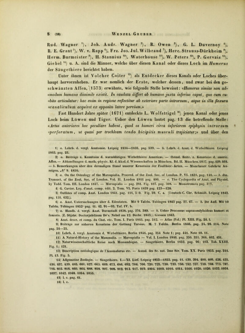 Rud. Wagner '), Joh. Andr. Wagner , R. Owen , G. L. Duvernoy *), R. E. Grant ®), W. v. Rapp ®), Frz. Jos. Jul. WiIbrand ’), Here. Strauss-Dürkheim *), Herrn. Burmeister ®), H. Stannius ’®), Waterhouse ), W. Peters P. Gervais Giebel '^) u. A. sind die Männer, welche über diesen Kanal oder dieses Loch im Humerus der Säugethiere berichtet haben. Unter ihnen ist Volcher Coiter als Entdecker dieses Kanals oder Loches über- haupt hervorzuheben. Er war nemlich der Erste, welcher dessen, und zwar bei den ge- schwänzten Affen, (1573) erwähnte, wie folgende Stelle beweiset: aHumerus simiae non ad- umodum humano dissimile existit. In caudata differt ab humano juxta inferius caput, quo cum cu- nbüo articulatur: hac entm in regione reßectitur ab exleriore parle introrsum, atque in iUa flexura «canaliculum acquiret ex opposito latere pervium.» Fast Hundert Jahre später (1671) entdeckte L. Wolfstrigel '®) jenen Kanal oder jenes Loch beim Löwen und Tiger. Ueber den Löwen lautet pag. 13 die betreffende Stelle: aArtus anteriores hoc peculiare habent, quod os humeri circa inferiorem epiphysin introrsum «perforatum, ut quasi per trochleam tendo bicipitis musculi trajiciatur;» und über den 1) a. Lehrb. d. yergl. Anatomie. Leipzig 1834—1835. pag. 539. — 6. Lehrb. d. Anal. d. Wirbelthiere. Leipzig 1843. pag. 25. 2) a. Beiträge z. Kenntniss d. warmblütigen Wirbellbiere Americas. — Osteol. Beilr. z. Kenntniss d. americ. Affen.— Abbandluugen d. malb.-pbysic. KI. d.Akad.d. Wissenschaften in Müiicben. Bd. II. München. 1837. pag. 429.464. — b, Bemerkungen über den dermaligen Stand unserer Kenntniss der Faullhier-Arten. — Münchener Gelehrte An- zeigen. 9. 1830. 3) a. On Ihe Osteology of the Marsupialia. Proceed. of Ihe Zool. Soc. of London. P. VI. 1838. pag. 140.— b. dto. Transacl. of Ihe Zool. Soc. of London. Vol. II. London 1841 pag. 400. — c. The Cjclopaedia of Anal, and Physiol. by Todd. Tom. III. London 1847. — Marsupialia — pag. 281. Fig. 107. pag. 308. — Monolremala pag. 377. 4) G. Cuvier. Lee. d’anat. comp. edit. 2. Tom. VI. Paris 1839 pag. 123—128. 5) Outliües of comp. Anat. London 1841. pag. 111, 3i0. Fig. 59. C. a. (Peutsch-C. Chr. Schmidt. Leipzig 1842. pag. 131. 632.). 6) a. Anat. Untersuchungen über d. Edentaten. Mit 9 Tafeln. Tübingen 1843 pag. 27. 67. — b. 2te Aufl. Mil 10 Tafeln. Tübingen 1832' pag. 41. 42. 91—93. Taf. IV. b. 7) a. Uandb. d. vergl. Anat. Darmstadt 1838. pag. 276. 389. — b. Ueber Processus supracondyloideus humeri et femoris. (Z. SOjähr. Doctorjubiläum Dr’s. Nebel am 12. Decbr. 1843.). Giessen 1843. 8) Anat. descr. et comp, du Chat. etc. Tom. I. Paris 1843. pag. 312. — Atlas (Fol.) PI. XIII. Fig. 24. 1. 9) Beiträge zur näheren Kenntniss der Gattung Tarsius. M. 7 Tafeln. Berlin 1846. pag. 24. 98. 114. Note pag. 24—25. 10) Lehrb. d. yergl. Anatomie d. Wirbelthiere. Berlin 1846. pag. 334 Note 1; pag. 441. Note 10. 11. 11) A Nalural-Hislory of the Mammalia. — Marsupialia — Vol. I. London 1846. pag. 330. 331. 364. 402. 451. 12) Naturwissenschaftliche Reise nach Mossambique. — Säugethiere. Berlin 1832. pag. 96; 103. Tab. XXIII. Fig. 1; 121. 13) Description osteologique de l'Anomalurus etc. — Annal. des Sc. nal. 3me Ser. Tom. XX. Paris 1833. pag. 244. PI. 13. Fig. 5. 14) Allgemeine Zoologie. — Säugethiere. I.—XI. Lief. Leipzig 1853—1853. pag. 11. 130. 394. 400. 409. 426. 433. 436. 437. 439. 483. 601. 627. 663. 669. 673. 686. 692. 704. 706. 720. 725. 730. 733. 750. 752. 737. 759. 768. 773. 787. 795. 803. 818. 860. 864. 888. 898. 907. 908. 912. 913. 917. 919. 1004. 1009. 1010. 1011. 1016. 1020. 1026. 1033.1034. 1037. 1042. 1048. 1054. 1033. 15) I. c. pag. 61. 16) I. c.