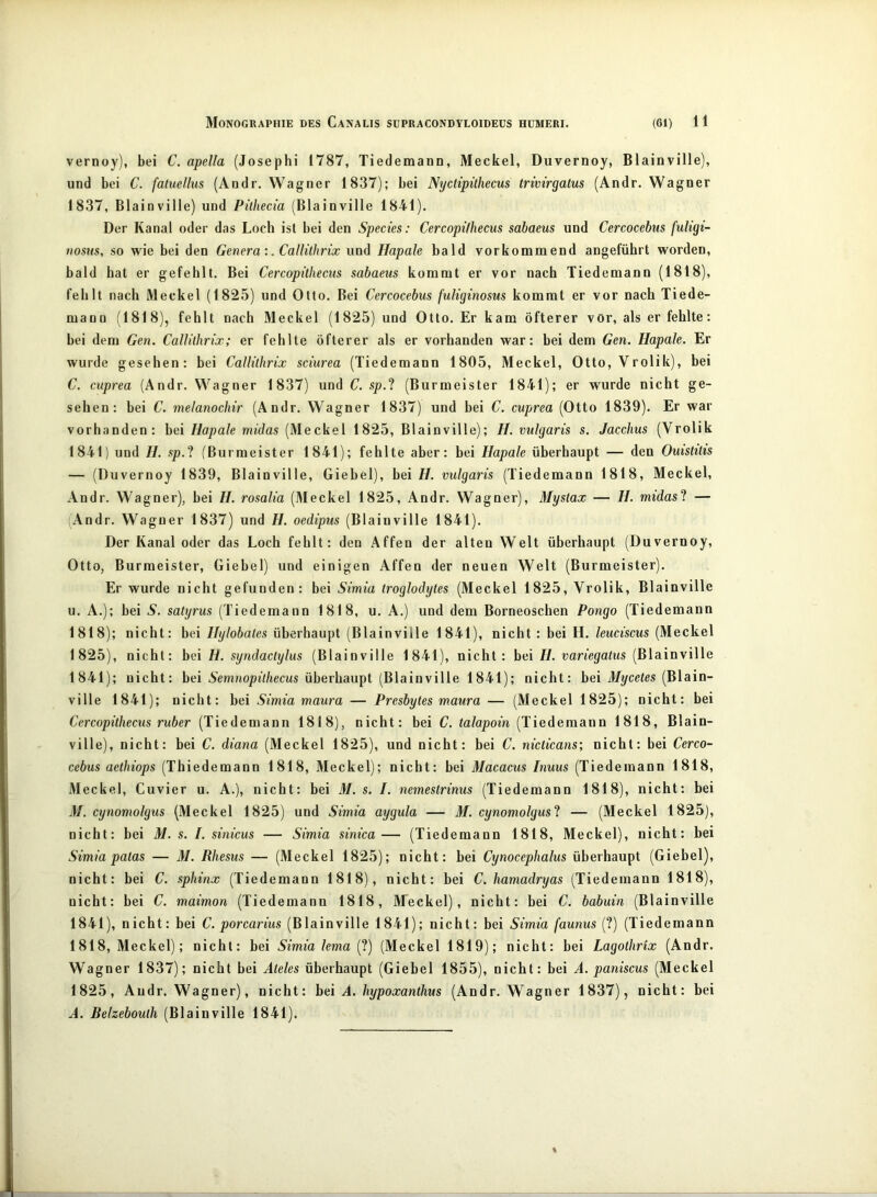 vernoy), bei C. apella (Josephi 1787, Tiedemann, Meckel, Duvernoy, Blainville), und bei C. fatuellus (Andr. Wagner 1837); bei Nyctipühecus trwirgatus (Andr. Wagner 1837, Blainville) und Pilhecia (Blainville 1841). Der Kanal oder das Loch ist bei den Specks: CercopUhecus sabaeus und Cercocebus fuligi- nosus, so wie bei den GeneraCallitJmx und Hapale bald vorkommend angeführt worden, bald hat er gefehlt. Bei CercopUhecus sabaeus kommt er vor nach Tiedemann (1818), fehlt nach Meckel (1825) und Otto. Bei Cercocebus fuliginosus kommt er vor nach Tiede- mann (1818), fehlt nach Meckel (1825) und Otto. Er kam öfterer vör, als er fehlte; bei dem Gen. CalUlhrix; er fehlte öfterer als er vorhanden war: bei dem Gen. Hapale. Er wurde gesehen: bei Callithrix sciurea (Tiedemann 1805, Meckel, Otto, Vrolik), bei C. cuprea (Andr. Wagner 1837) und C. sp.^l (Burmeister 1841); er wurde nicht ge- sehen: bei C. melanochir (Andr. Wagner 1837) und bei C. cuprea (Otto 1839). Er war vorhanden: bei/iopa/e rm'das (Meckel 1825, Blainville); H. vulgaris s. Jacchus (Vrolik 1841) und H. sp.‘l (Burmeister 1841); fehlte aber: bei Hapale überhaupt — den Ouistitis — (Duvernoy 1839, Blainville, Giebel), hei H. vulgaris (Tiedemann 1818, Meckel, Andr. Wagner), bei H. rosalia (Meckel 1825, Andr. Wagner), Mystax — H. midasl — (Andr. Wagner 1837) und H. oedipus (Blainville 1841). Der Kanal oder das Loch fehlt: den Affen der alten Welt überhaupt (Duvernoy, Otto, Burmeister, Giebel) und einigen Affen der neuen Welt (Burmeister). Er wurde nicht gefunden: bei Simia troglodytes (Meckel 1825, Vrolik, Blainville u. A.); bei S. satxjrus (Tiedemann 1818, u. A.) und dem Borneoschen Pongo (Tiedemann 1818); nicht: bei Hylobales überhaupt (Blainville 1841), nicht : bei H. leuciscus (Meckel 1825), nicht: bei H. syndactylus (Blainville 1841), nicht: bei H. variegatus (Blainville 1841); nicht: bei Semnopilhecus überhaupt (Blainville 1841); nicht: bei Mycetes (Blain- ville 1841); nicht: bei Simia maura — Presbytes maura — (Meckel 1825); nicht: bei CercopUhecus ruber (Tiedemann 1818), nicht: bei C. talapoin (Tiedemann 1818, Blain- ville), nicht: bei C. diana (Meckel 1825), und nicht: bei C. nicticans; nicht: bei Cerco- cebus aethiops (Thiedemann 1818, Meckel); nicht: bei Macacus Inuus (Tiedemann 1818, Meckel, Cuvier u. A.), nicht: bei M. s. I. nemeslrinus (Tiedemann 1818), nicht: bei M. cynomolgus (Meckel 1825) und Simia aygula — M. cynomolgusl — (Meckel 1825), nicht: bei M. s. I. sinicus — Simia sinica— (Tiedemann 1818, Meckel), nicht: bei Simia palas — M. Rhesus — (Meckel 1825); nicht: bei Cynocephalus überhaupt (Giebel), nicht: bei C. sphinx (Tiedemann 1818), nicht: bei C. hamadryas (Tiedemann 1818), nicht: bei C. maimon (Tiedemann 1818, IVTeckel), nicht: bei C. babuin (Blainville 1841), nicht: bei C. porcarius (Blainville 1841); nicht: bei Simia faunus (?) (Tiedemann 1818, Meckel); nicht: bei Simia lema [1] (Meckel 1819); nicht: bei Lagothrix (Andr. Wagner 1837); nicht bei Ateles überhaupt (Giebel 1855), nicht: bei A. paniscus (Meckel 1825, Andr. Wagner), nicht: hei A. hypoxanthus (Andr. Wagner 1837), nicht: bei A. Belzebouth (Blainville 1841).