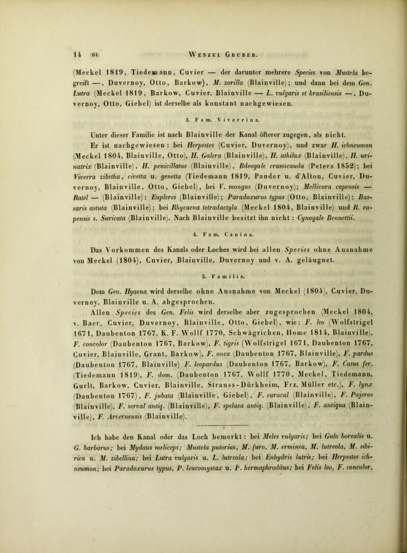 (Meckel 1819, Tiedemann, Cuvier — der darunter mehrere Specks von Muslela be- greift—, Duvernoy, Otto, Barkow), M. zorilla (Blainville); und dann bei dem Gen. Lutra (Meckel 1819, Barkow, Cuvier, Blainville — L. vulgaris et brasiliensis —. Du- vernoy, Otto, Giebel) ist derselbe als konstant nachgewiesen. 3. F a m. V i t e r r i n a. Unter dieser Familie ist nach Blainville der Kanal öfterer zugegen, als nicht. Er ist nachgew^iesen : bei Herpesles (Cuvier, Duvernoy), und zwar H. Ichneumon (Meckel 1804, Blainville, Otto), II. Galera (Blainville), H. athilax (Blainville), H. uri- natrüc (Blainville), H. penicillatus (Blainville), Bdeogale crassicauda (Peters 1852); bei Vtverra zibetha, civetta u. genetta (Tiedemann 1819, Fänder u. d’Allon, Cuvier, Du- vernoy, Blai nville, Otto, Giebel), bei V. mongus (Duveruoy); Mellivora capensis — Ratei— (Blainville); Eupleres (Blainville); Paradoxurus typus {Otto, Blainville); Bas- saris astuta (Blainville); bei Rhycaena telradactyla (Meckel 1804, Blainville) und R. ca- pensis s. Suricata (Blainville). Nach Blainville besitzt ihn nicht: Cynogale Bennettii. 4. Farn. C a n i n a. Das Vorkommen des Kanals oder Loches wird bei allen Species ohne Ausnahme von Meckel (1804), Cuvier, Blainville, Duvernoy und v. A. geläugnet. ö. Familie. Dem Gen. Hyaena wird derselbe ohne Ausnahme von Meckel (1804), Cuvier, Du- vernoy, Blainville u. A. abgesprochen. Allen Species des Gen. Felis wird derselbe aber zugesprochen (Meckel 1804, V. Baer, Cuvier, Duvernoy, Blainville, Otto, Giebel), wie: F. ko (Wolfstrigel 1671, Daubenton 1767, K. F. Wollf 1770, Schwägrichen, Home 1814, Blainville), F. concolor (Daubenton 1767, Barkow), F. tigris (Wolfstrigel 1671, Daubenton 1767, Cuvier, Blainville, Grant, Barkow), F. onca (Daubenton 1767, Blainville), F. pardus (Daubenton 1767, Blainville) F. leopardus (Daubenton 1767, Barkow), F. Catus fer. (Tiedemann 1819), F. dom. (Daubenton 1767, Wollf 1770, 3Ieckel, Tiedemann, Gurlt, Barkow, Cuvier, Blainville, Strauss-Dürkheim, Frz. Müller etc.), F. lynx (Daubenton i7ßl), F. jubala (Blainville, Giebel), F. caracal (Blainville), F. Pajeros (Blainville), F. serval anliq. (Blainville), F. spelaea antiq. (Blainville), F. antiqua (Blain- ville), F. Arvcrnensis (Blainville). Ich habe den Kanal oder das Loch bemerkt: bei Meies vulgaris; bei Gulo borealis u. G. barbarus; bei Mydaus meliceps; Muslela putorius, M. furo, M. erminea, M. lutreola, M. sibi- rica u. M. zibellina; bei Lutra vulgaris u. L. lutreola; bei Fnhydris lulris; bei Ilerpcsles ich- neumon; bei Paradoxurus typus, P. leucomyslax u. P. hermaphroditus; bei Felis ko, F. concolor.