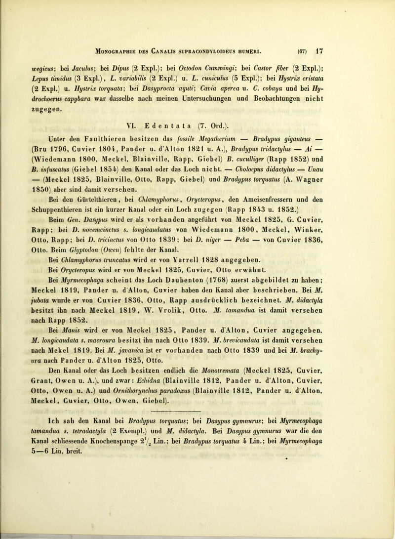 wegicus; bei Jaculus; bei Dipus (2 Expl.); bei Octodon Cummmgt; bei Castor ßber (2 Expl.); Lepus timidm (3 Expl.), L. vanabtlis (2 Expl.) u. L. cumculus (5 Expl.); bei Hystrix cristata (2 Expl.) u. Hyslrix torquata; bei Dasyprocta aguti; Cavia aperea u. C. cobaya und bei Hy- drochoerus capybara war dasselbe nach meinen Untersuchungen und Beobachtungen nicht zugegen. VI. E d e n t a t a (7. Ord.). Unter den Faulthieren besitzen das fossile Megatherium — Bradypus giganteus — (Bru 1796, Cuvier 1804, Pander u. d’Alton 1821 u. A.), Bradypus tridactylus — Ai — (Wiedemann 1800, Meckel, Blainville, Rapp, Giebel) B. cucuUiger (Rapp 1852) und B. infuscalus (Giebel 1854) den Kanal oder das Loch nicht. — Choloepus didactylus — IJnau — (Meckel 1825, Blainville, Otto, Rapp, Giebel) und Bradypus torquatus (A. Wagner 1850) aber sind damit versehen. Bei den Gürtelthieren , bei Chlamyphorus, Orycteropus, den Ameisenfressern und den Schuppenthieren ist ein kurzer Kanal oder ein Loch zugegen (Rapp 1843 u. 1852.) Beim Gen. Dasypus wird er als vorhanden angeführt von Meckel 1825, G. Cuvier, Rapp; bei D. novemcinctus s. longicaudatus von Wiedemann 1800, Meckel, Winker, Otto, Rapp; bei D. tricinctus von Otto 1839; bei D. niger — Peba — von Cuvier 1836, Otto. Beim Glyptodon [Owen) fehlte der Kanal. Bei Chlamyphorus Iruncatus wird er von Yarrell 1828 angegeben. Bei Orycteropus wird er von Meckel 1825, Cuvier, Otto erwähnt. Bei Myrmecophaga scheint das Loch Daubenton (1768) zuerst abgebildet zu haben; Meckel 1819, Pander u. d'Alton, Cuvier haben den Kanal aber beschrieben. Bei M. jubata wurde er von Cuvier 1836, Otto, Rapp ausdrücklich bezeichnet. M. didaciyla besitzt ihn nach Meckel 1819, W. Vrolik, Otto, M. tamandua ist damit versehen nach Rapp 1852. Bei Manis wird er von Meckel 1825, Pander u. d'Alton, Cuvier angegeben. M. longicaudata s. macroura besitzt ihn nach Otto 1839. M. brevicaudata ist damit versehen nach Mekel 1819. Bei M. javamca ist er vorhanden nach Otto 1839 und bei M, brachy- ura nach Pander u. d’Alton 1825, Otto. Den Kanal oder das Loch besitzen endlich die Monotremata (Meckel 1825, Cuvier, Grant, Owen u. A.), und zwar: Echidna (Blainville 1812, Pander u. d’Alton, Cuvier, Otto, Owen u. A.) und Ornithorynchus paradoxus (Blainville 1812, Pander u. d’Alton, Meckel, Cuvier, Otto, Owen, Giebel). Ich sah den Kanal bei Bradypus torquatus; bei Dasypus gymnurus; bei Myrmecophaga tamandua s. tetradactyla (2 Exempl.) und M. didactyla. Bei Dasypus gymnurus war die den Kanal schliessende Knochenspange 27^ Lin.; bei Bradypus torquatus 4 Lin.; bei Myrmecophaga 5—6 Lin, breit.