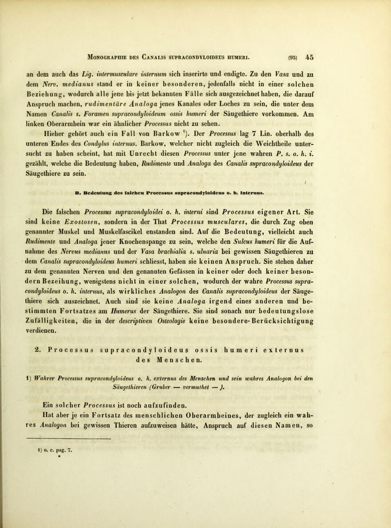 an dem auch das Lig. mtermusculare inlernum sich inserirte und endigte. Zu den Vasa und zu dem Nerv, medianus stand er in keiner besonderen, jedenfalls nicht in einer solchen Beziehung, wodurch alle jene bis jetzt bekannten Fälle sich ausgezeichnet haben, die darauf Anspruch machen, rudimentäre Analoga jenes Kanales oder Loches zu sein, die unter dem Namen Canalis s. Foramen supracondyloideum ossis humeri der Säugethiere verkommen. Am linken Oberarmbein war ein ähnlicher Processus nicht zu sehen. Hieher gehört auch ein Fall von Barkow ^). Der Processus lag 7 Lin. oberhalb des unteren Endes des Condylus internus. Barkow, welcher nicht zugleich die Weichtheile unter- sucht zu haben scheint, hat mit Unrecht diesen Processus unter jene wahren P. s. o. h. i. gezählt, welche die Bedeutung haben, Rudimente und Analoga des Canalis supracondyloideus der Säugethiere zu sein. I B. Bedeutung dos falchon Processus supracondyloideus o. h. internus. Die falschen Processus supracondyloidei o. h. interni sind Processus eigener Art. Sie sind keine Exostosen, sondern in der That Processus musculares, die durch Zug oben genannter Muskel und Muskelfascikel enstanden sind. Auf die Bedeutung, vielleicht auch Rudimente und Analoga jener Knochenspange zu sein, welche den Sulcus humeri für die Auf- nahme des Nervus medianus und der Vasa hrachialia s. ulnaria bei gewissen Säugethieren zu dem Canalis supracondyloideus humeri schliesst, haben sie keinen Anspruch. Sie stehen daher zu dem genannten Nerven und den genannten Gefässen in keiner oder doch keiner beson- dern Bezeihung, wenigstens nicht in einer solchen, wodurch der wahre Processus supra- condyloideus 0. h. internus, als wirkliches Analogon des Canalis supracondyloideus der Säuge- thiere sich auszeichnet. Auch sind sie keine Analoga irgend eines anderen und be- stimmten Fortsatzes am Humerus der Säugethiere. Sie sind sonach nur bedeutungslose Zufälligkeiten, die in der descriptiven Osteologie keine besondere* Berücksichtigung verdienen. 2. Processus supracondyloideus ossis humeri externus des Menschen. 1) Wahrer Processus supracondyloideus o. h. externus des Menschen und sein wahres Analogon bei den Säugethieren (Gruber — vermulhet — J. Ein solcher Processus ist noch aufzufinden. Hat aber je ein Fortsatz des menschlichen Oberarmbeines, der zugleich ein wah- res Analogon bei gewissen Thieren aufzuweisen hätte, Anspruch auf diesen Namen, so