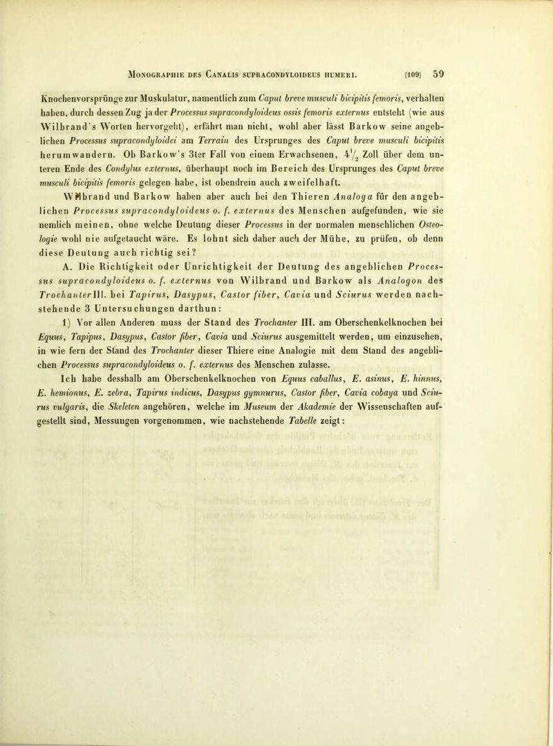 Knochenvorsprünge zur Muskulatur, namentlich zum Caput breve musculi bicipilis femoris, verhalten haben, durch dessen Zug ja der Processus sttpracondyloideus ossis femoris externus entsteht (wie aus Wilbrand’s Worten hervorgeht), erfährt man nicht, wohl aber lässt Barkow seine angeb- lichen Processus supracondyloidei am Terrain des Ursprunges des Caput breve musculi bicipilis herum wandern. Ob Barkow’s 3ter Fall von einem Erwachsenen, 4'4 Zoll über dem un- teren Ende des Condylus externus, überhaupt noch im Bereich des Ursprunges des Caput breve musculi bicipilis femoris gelegen habe, ist obendrein auch zweifelhaft. WWbrand und Barkow haben aber auch bei den Thieren Analoga für den angeb- lichen Processus süpracondyloideüs o. f, externus des Menschen aufgefunden, wie sie nemlich meinen, ohne welche Deutung dieser Processus in der normalen menschlichen Osteo- logie wohl nie aufgetaucht wäre. Es lohnt sich daher auch der Mühe, zu prüfen, ob denn diese Deutung auch richtig sei? A. Die Richtigkeit oder Unrichtigkeit der Deutung des angeblichen Proces- sus süpracondyloideüs o. f. externus von Wilbrand und Barkow als Analogon des TrochanterUl. bei Tapirus, Dasypus, Castor fiber, Cavia und Sciurus werden nach- stehende 3 Untersuchungen darthun: 1) Vor allen Anderen muss der Stand des Trochanter III. am Oberschenkelknochen bei Equus, Tapipus, Dasypus, Castor fiber, Cavia und Sciurus ausgemittelt werden, um einzusehen, in wie fern der Stand des Trochanter dieser Thiere eine Analogie mit dem Stand des angebli- chen Processus süpracondyloideüs o. f. externus des Menschen zulasse. Ich habe desshalb am Oberschenkelknochen von Equus caballus, E. asinus, E. hinnus, E. hemionus, E. zebra, Tapirus indicus, Dasypus gymnurus, Castor fiber, Cavia cobaya und Sciu- rus vulgaris, die Skeleten angehören, welche im Museum der Akademie der Wissenschaften auf- gestellt sind, Messungen vorgenommen, wie nachstehende Tabelle zeigt: