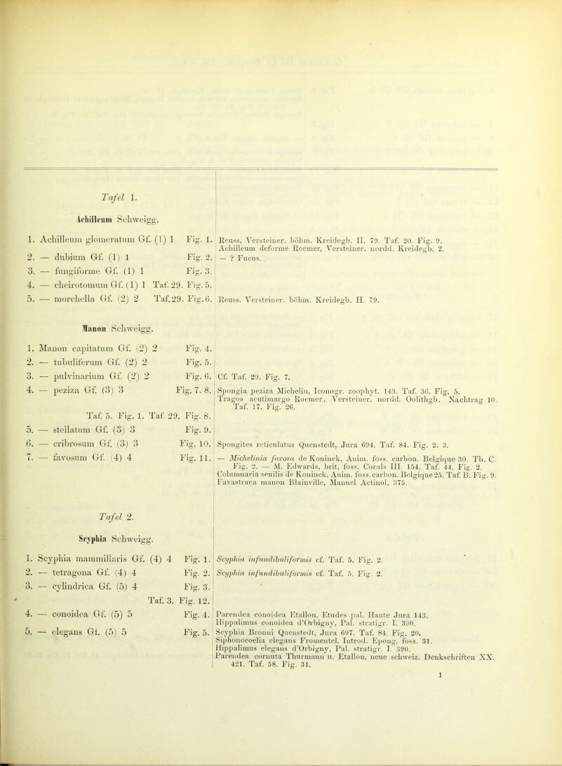 2. — dubium Gf. (1) 1 3. — fungiforme Gf. (1) 1 4. — cheirotomum Gf. (1) 1 Taf. 29. 5. — morchella Gf. (2) 2 Taf. 29. Gig- 2. Gig. 3. Gig. 5. Gig. 6. Achilleum deforme Iloemer, Versteiner. nordd. Kreidegb. 2. — ? Fucus. Reuss. Versteiner. böhm. Kreidegb. II. 79. Hanoi! Schweigg. 1. Manon eapitatum Gf. (2) 2 Gig. 4. 2. — tubuliferum Gf. (2) 2 Fig. 5. 3. — pulvinarium Gf. (2) 2 Fig. 6. 4. — peziza Gf. (3) 3 Fig. 7. 8. Taf. 5. Gig. 1. Taf. 29. Gig. 8. 5. — stellatiun Gf. (3) 3 Fig. 9. 6. — cribrosum Gf. (3) 3 Fig. 10. 7. — favosum Gf. (4) 4 Gig. 11. Tafel 2. Scyphia Schweigg. 1. Scyphia mammillaris Gf. (4) 4 Fig. 1. 2. — tetragona Gf. (4) 4 Gig. 2. 3. — cylindrica Gf. (5) 4 Gig. 3. Taf. 3. Gig. 12. 4. — conoidea Gf. (5) . 5 Gig. 4. 5. — elegans Gf. (5) 5 Gig. 5. Cf. Taf. 29. Fig. 7. Spongia peziza Michelin, Iconogr. zoopbyt. 143. Taf. 36. Fig. 5. Tragos acutimargo Roemer, Versteiner. nordd. Oolithgb. Nachtrag 10 Taf. 17. Fig. 26. Spongites reticulatus Quenstedt, Jura 694. Taf. 84. Fig. 2. 3. — Michelinia favosa de Köninck, Anim. foss. carbon. Belgique 30. Tb. C. Fig. 2. — M. Edwards, brit. foss. Cor als III. 154. Taf. 44. Fig. 2. Columnaria senilis de Köninck, Anim. foss. carbon. Belgique25. Taf. B. Fig. 9. Favastraea manon Blainville, Manuel Actinol. 375. Scyphia infundibuliformis cf. Taf. 5. Fig. 2. Scyphia infundibidiforinis cf. Taf. 5. Fig. 2. Parendea conoidea Etallon, Etudes pal. Haute Jura 143. Hippalimus conoidea d’Orbigny, Pal. stratigr. I. 390. Scyphia Bronni Quenstedt, Jura 697. Taf. 84. Fig. 20. Siphonocoelia elegans Fromentel, Introd. Epong. foss. 31. Hippalimus elegans d’Orbigny, Pal. stratigr. I.o90. Parendea cornuta Thurmaun u. Etallon, neue Schweiz. Denkschriften XX. 421. Taf. 58. Fig. 31. 1