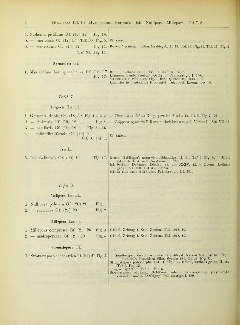 4. Siphonia pistilluni Gf. (17) 17 Fig. 10. 5. — incrassata Gf. (17) 17 Taf. 30. Fig. 5. Cf. unten. 6. — cervicornis Gf (18) 17 Fig. 11. Reuss, Vevsteiner. bühm. Kreidegeb. II. 73. Taf. 16. Fig. 15. Taf. 17. Fig. 2. Taf. 35. Fig. 11. Ilyniicciiii» Gf. 1. Myrmeciuin hemisphaericum Gf. (18) 17 Fig. 12. Bronn, Lethaea geogn. IV. 82. Taf. 16 Fig. 6. Limnorea hemisphaerica d’Orbigny, Pal. stratigr. I. 390. ? Cnemidium rotula cf. Fig. 6. teste Quenstedt, Jura 667. Epitheles hemisphaerica Fromentel, Introduct. Epong. foss. 35. Tafel 7. (iorgonia Lamck. 1. Gorgonia dubia Gf. (18) 18 Fig. 1 a. b. c. — Thamniscus dtibius King, permian Fossils 44. Tb. 5. Fig. 7—12. 2. — ripisteria Gf. (19) 18 Fig. 2. — Pohjpora ripisteria F.Roeiner, rheinisch-westphäl. Verband! 1850. VII. 78. 3. — bacillaris Gf. (19) 18 Fi g. 3—16. 4. — infundibuliformis Gf. (20) 19 Taf. 10. Fig. 1. Cf. unten. Isis L. 5. Isis melitensis Gf. (20) 19 Fig. 17. Reuss, Ilaidinger’s naturwiss. Abhandlgn. II. 31. Taf. 5. Fig. 5. — Milne Edwards, Hist. nat. Coralliaires I. 196. Isis Scillana Defrance, Diction. sc. nat. XXIV. 12. — Bronn, Lethaea geogn. VI. 280. Taf. 35. Fig. 23. Isisiua melitensis d’Orbigny, Pal. stratigr. III. 151. Tafel 8. INullipora Lamck. ■' . 1. Nullipora palmata Gf. (20) 20 Fig. 1. 2. — racemosa Gf. (21) 20 Fig. 2. Millepora Lamck. 1. Millepora compressa Gf. (21) 20 Fig. 3. Giebel, Zeitung f. Zool. Zootom. Pal. 1848. 10. 2. — madreporacea Gf. (21) 20 Fig. 4. Giebel, Zeitung f. Zool. Zootom. Pal. 1848. 10. Stromatopora Gf. 1. Stromatopora concentricaGf. (22) 21 Fig. 5. — Sandberger, Versteiner. rliein. Schichtsyst. Nassau 380. Taf. 37. Fig. 9. — Lonsdale, Murchison Silur. System 680. Tb. 15. Fig. 31. Stromatopora polvmorpha Taf. 64. Fig. 8. — Bronn, Lethaeageogn.il. 167. Taf. 5. Fig. 12. Tragos capitatum Taf. 10. Fig. 6. Stromatopora capitata, Goldfussi, suleata, Sparsispougia polvmorpha, radiosa, ramosa d’Orbigny, Pal. stratigr. I. 109.
