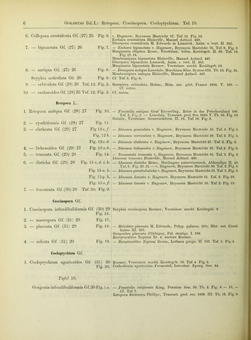 GO t\S 6. Cellepora crustulenta Gf. (27) 25 Big. 6. 7. — bipunctata Gf. (27) 26 Fig. 7. 8. — antiqua Gf. (27) 26 Fig. 8. Scyphia articulata Gf. 26 Fig. 9. 9. —- orbiculata Gf. (28) 26 Taf. 12. Fig. 2. 10. — escharoides Gf. (28)26 Taf. 12. Fig. 3. Retepora L. 1. Retepora antiqua Gf. (28) 27 Fig. 10. 2. — cvathiformis Gf. (28) 27 Fig. 11. 3. — clathrata Gf. (29) 27 Figl2e./. 4. — lichenoides Gf. (29) 27 Fig. 13 a.b. 5. — truncata Gf. (29) 28 Fig. 14. 6. — disticha Gf. (29) 28 Fig. 15 c. d. i. k. Fig. 15 a.b. Fig. 15 p. h. Fig. 15 e.f. 7. — fenestrata Gf. (30) 28 Taf. 30. Fig. 9. Coscinopora Gf. 1. Coscinopora infundibuliformis Gf. (30) 29 Fig. 16. . — macropora Gf. (31) 29 Fig. 17. . — placenta Gf. (31) 29 Fig. 18. :. — sulcata Gf. (31) 29 Fig. 19. Coeloptychium Gf. . Coeloptychium agarieoides Gf. (31) 30 Fig. 20. Tafel 10. Gorgonia infundibuliformis Gf. 30 Fig. 1 a. v. Hagenow, Bryozoen Mastricht 97. Taf. 11. Fig. 19. Eschara crustulenta Blainville, Manuel Actinol. 429. Discopora crustulenta M. Edwards in Lamarck, Anim. s. vert. II. 252. — Escliara bipunctata v. Hagenow, Bryozoen Mastricht 76. Taf. 9. Fig. 9. Marginaria elliptica Reuss, Versteiner. böhm. Kreidegeb. II. 68. Taf. 15. Fig. 17.18. Membranipora bipunctata Blainville, Manuel Actinol. 447. Discopora bipunctata Lamarck, Anim. s. vert. II. 253. Marginaria bipunctata Roemer, Versteiner. nordd. Kreidegeb. 13. — Discopora antiqua Lonsdale, Murchison Silur. System 679. Tb. 15. Fig. 21. Membranipora antiqua Blainville, Manuel Actinol. 447. Cf. Taf. 3. Fig. 8. Berenicea orbiculata Haime, Mem. soc. geol. France 1854. V. 180. — Cf. unten. Cf. unten. — Fenestella antiqua Graf Keyserling, Reise in das Petschoraland 186 Taf. 3. Fig. 9. — Lonsdale, Transact. geol. Soc. 1840. V. Tb. 58. Fig. 10. Geinitz, Versteiner. Grauwackform. II. 81. Taf. 18. Fig. 5. — Idmonea geniculata v. Hagenow, Bryozoen Mastricht 33. Taf. 3. Fig. 5. — Idmonea lichenoides v. Hagenow, Bryozoen Mastricht 27. Taf. 2. Fig. 6. — Truncatalci truncata v. Hagenow, Bryozoen Mastricht 35. Taf. 3. Fig. 2. Idmonea truncata Blainville, Manuel Actinol. 420. — Idmonea disticha Reuss, Haidingers naturwissensch. Abhandlgn.il. 45. Taf. 6. Fig. 29. 31. —v. Hagenow, Bryozoen Mastricht 30. Taf. 2. Fig. 8. — Idmonea pseudodisticlia v. Hagenow, Bryozoen Mastricht 31. Taf. 2. Fig. 9. — Idmonea dorsata v. Hagenow, Bryozoen Mastricht 31. Taf. 2. Fig. 10. — Idmonea lineata v. Hagenow, Bryozoen Mastricht 33. Taf. 2. Fig. 13. Scypliia coscinopora Roemer, Versteiner. nordd. Kreidegeb. 9. — Heliolites placenta M. Edwards, Polyp, palaeoz. 219; Hist. nat. Coral- liaires 111. 237. Geoporites placenta d'Orbigny, Pal. stratigr. I. 108. Receptaculites Xeptuni Nr. 4. auetore Roemer. — Receptaculites Xeptuni Bronn, Lethaea geogu. II. 157. Taf. 5. Fig. 5. Roemer, Versteiner. nordd. Kreidegeb. 10. Taf. 4. Fig. 5. Coelochonia agarieoides Fromentel, Introduct. Epong. foss. 44. — Fenestella retiformis King, Permian foss. 35. Tb. 2. Fig. 8 — 19, — Cf. Taf. 7. Retepora flustracea Phillips, Transact. geol. soc. 1829. III. Tb. 12. Fig. 8.