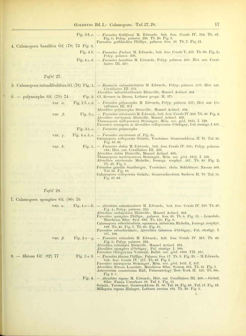 Fig. 3 b. c. •— Favosites Golclfussi M. Edwards, bvit. foss. Corals IV. 214. Tb. 47. Fig. 3; Polyp, palaeoz. 235. Tb. 20. Fig. 3. Favosites gothlandica Phillips, palaeoz. foss. 16. Tb. 7. Fig. 21. 4. Calamopora basaitica Gl (78) 73 Fig. 4. Fig. 4 b. — Favosites Forbesi M. Edwards, brit. foss. Corals V. 257. Tb. 60. Fig. 2;: Polyp, palaeoz. 23S. Fig. 4 c.d. — Favosites basaitica M. Edwards, Polyp, palaeoz. 236; Hist. nat. Coral- liaires III. 240. Tafel 27. 5. Calamopora infundibulifera Gf. (78) Fig. 1. — Roemeria infundibulifera M Edwards, Polyp, palaeoz. 253; Hist. nat. Coralliaires III. 262. Alveolites infundibuliformis Blainville, Manuel Actinol. 404. 6. — polymorpha Gf. (79) 74 Fig. 2. var. a. Fig. 2 b.c.d. Cf. Roemer in Bronn, Lethaea geogn. II. 175 — Favosites polymorpha M. Edwards, Polyp, palaeoz. 237; Hist. nat. Co- ralliaires III. 251. Alveolites polymorpha Blainville, Manuel Actinol. 404. var. ß. Fig. 3 a. — Favosites cervicornis M. Edwards, brit. foss. Corals IY. 216. Tb. 48. Fig. 2. Alveolites cervicornis Blainville, Manuel Actinol. 405. Thamnopora milleporacea Steininger, Mein. soc. geol. 1831. I. 338. Favosites eornigera u: Alveolites celleporatus d’Orbigny, Pal. stratigr. 1.107. Fig. 3 b. c. var. y. Fig. 4 a. b. c. — Favosites polymorpha. — Favosites cervicornis cf. Fig. 3a. Calamopora celleporata Geinitz, Versteiner. Grauwackfonn. II. 79. Taf. 16. Fig. 43. 44. var. d. Fig. 5. — Favosites dubia M. Edwards, brit. foss. Corals IV. 216; Polyp, palaeoz. 243; Hist. nat. Coralliaires III. 255. Alveolites dubia Blainville, Manuel Actinol. 405. Thamnopora madreporacea Steininger, Mem. soc. geol. 1831. I. 338. Alveolites cervicornis Michelin, Iconogr. zoophyt. 187. Tb. 48. Fig. 2; Tb. 49. Fig. 3. Favosites gracilis Sandberger, Versteiner. rhein. Schiclitsyst. Nassau 409. Taf. 36. Fig. 10. Calamopora celleporata Geinitz, Grauwackenform. Sachsen II. 79. Taf. 16. Fig. 43. 44. Tafel 28. 7. Calamopora spongites Gf. (80) 76 var. a. Fig. 1 a—h. — Alveolites suborbicularis M. Edwards, brit. foss. Corals IV. 219. Tb. 49. Fig. 1; Polyp, palaeoz. 255. Alveolites escharoidea Blainville, Manuel Actinol. 404. Favosites spongites Phillips, palaeoz. foss. 16. Tb. 8. Fig. 23. — Lonsdale, Murchison Silur. Syst. 683. Tb. 15b. Fig. 8. Calamopora suborbicularis, squamosa, imbricata Michelin, Iconogr. zoophyt. 188. Tb. 48. Fig. 7. Tb. 49. Fig. 15. Favosites suborbicularis, Alveolites tuberosa d'Orbigny, Pal. stratigr. I. 107. 108. var. ß. Fig. 2 a—ff. — Favosites reticulata M. Edwards, brit. foss. Corals IV. 215. Tb. 48. Fig. 1; Polyp, palaeoz. 241. Alveolites reticulata Blainville, Manuel Actinol. 404. Alveolites spongites d’Orbigny, Pal. stratigr. I. 108. Favosites Orbignyana Verneuil, Bullet, soc. geol. 1850. VII. 162. 8. — iibrosa Gf. (82) 77 Fig. 3 a. b. — Favosites fibrosa Phillips, Palaeoz. foss. 17. Tb. 9. Fig. 25.—M.Edwards, brit. foss. Corals IV. 217. Tb. 48. Fig. 3. Favosites microporus Steininger, Mem. soc. geol. 1831. I. 367. Alveolites fibrosa Lonsdale, Murchison Silur. System 683. Tb. 15. Fig. 1. Astrocerium constrictum Hall, Palaeontology New-York II. 123. Tb. 34a. Fig. 2. 3. Fig. 4. — Alveolites repens M. Edwards, Hist. nat. Coralliaires III. 268. — Giebel, Silur. Fauna Unterharz 59. Taf. 6. Fig. 15. Geinitz, Versteiner. Grauwackform.il. 80. Taf. 16. Fig. 45. Taf. 17. Fig. 12. Millepora repens Hisinger, Lethaea suecica 102. Tb. 29. Fig. 5.