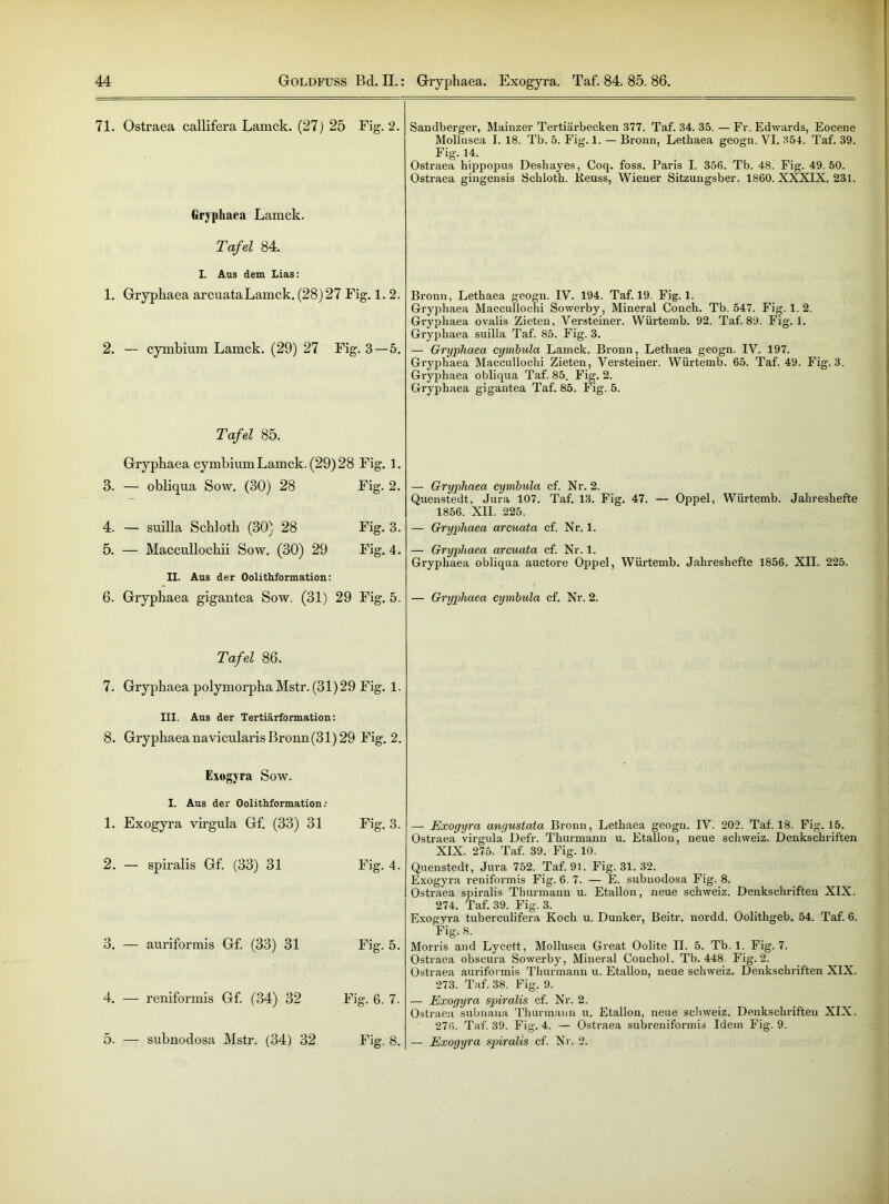 71. Ostraea callifera Lamck. (27) 25 Fig. 2. Sandberger, Mainzer Tertiärbecken 377. Taf. 34. 35. — Fr. Edwards, Eocene Mollusca I. 18. Tb. 5. Fig. 1. — Bronn, Letbaea geogn. VI. 354. Taf. 39. Fig. 14. Ostraea hippopus Deshayes, Coq. foss. Paris I. 356. Tb. 48. Fig. 49.50. Ostraea giugensis Scklotk. Keuss, Wiener Sitzuugsber. 1860. XXXIX. 231. Gryphaea Lamck. Tafel 84. I. Aus dem Lias: 1. Gryphaea arcuataLamck. (28)27 Fig. 1. 2. 2. — cymbium Lamck. (29) 27 Fig. 3—5. Bronn, Lethaea geogn. IV. 194. Taf. 19. Fig. 1. Grypbaea Maccullochi Sowerby, Mineral Conch. Tb. 547. Fig. 1. 2. Gryphaea ovalis Zieten, Versteiner. Würtemb. 92. Taf. 89. Fig. 1. Grypbaea suilla Taf. 85. Fig. 3. — Gryphaea cymbula Lamck. Bronn, Lethaea geogn. IV. 197. Grypbaea Maccullochi Zieten, Versteiner. Würtemb. 65. Taf. 49. Fig. 3. Gryphaea obliqua Taf. 85. Fig. 2. Gryphaea gigantea Taf. 85. Fig. 5. Tafel 85. Gryphaea cymbium Lamck. (29)28 Fig. 1. 3. — obliqua Sow. (30) 28 Fig. 2. 4. — suilla Schloth (30) 28 Fig. 3. 5. — Maccullochii Sow. (30) 29 Fig. 4. II. Aus der Oolithformation: — Gryphaea cymbula cf. Nr. 2. Quenstedt, Jura 107. Taf. 13. Fig. 47. — Oppel, Würtemb. Jahreshefte 1856. XII. 225. — Gryphaea arcuata cf. Nr. 1. — Gryphaea arcuata cf. Nr. 1. Gryphaea obliqua auctore Oppel, Würtemb. Jahreshefte 1856. XII. 225. 6. Gryphaea gigantea Sow. (31) 29 Fig. 5. Gryphaea cymbula cf. Nr. 2. Tafel 86. 7. Gryphaea polymorpha Mstr. (31)29 Fig. 1. III. Aus der Tertiärformation: 8. Gryphaea navicularis Bronn(31) 29 Fig. 2. Exogyra Sow. I. Aus der Oolithformation: 1. Exogyra virgula Gf. (33) 31 2. — spiralis Gf. (33) 31 3. — auriformis Gf. (33) 31 4. — reniformis Gf. (34) 32 5. — subnodosa Mstr. (34) 32 Fig. 3. Fig. 4. Fig. 5. Fig. 6. 7. Fig. 8. — Exogyra angustata Bronn, Lethaea geogn. IV. 202. Taf. 18. Fig. 15. Ostraea virgula Defr. Thurmann u. Etallon, neue Schweiz. Denkschriften XIX. 275. Taf. 39. Fig. 10. Quenstedt, Jura 752. Taf. 91. Fig. 31. 32. Exogyra reniformis Fig. 6. 7. — E. subnodosa Fig. 8. Ostraea spiralis Thurmann u. Etallon, neue Schweiz. Denkschriften XIX. 274. Taf. 39. Fig. 3. Exogyra tuberculifera Koch u. Dunker, Beitr. nordd. Oolithgeb. 54. Taf. 6. Fig. 8. Morris and Lycett, Mollusca Great Oolite II. 5. Tb. 1. Fig. 7. Ostraea obscura Sowerby, Mineral Conchol. Tb. 448 Fig. 2. Ostraea auriformis Thurmann u. Etallon, neue Schweiz. Denkschriften XIX. 273. Taf. 38. Fig. 9. — Exogyra spiralis cf. Nr. 2. Ostraea subnana Thurmann u. Etallon, neue Schweiz. Denkschriften XIX. 276. Taf. 39. Fig. 4. — Ostraea subreniformis Idem Fig. 9. — Exogyra spiralis cf. Nr. 2.