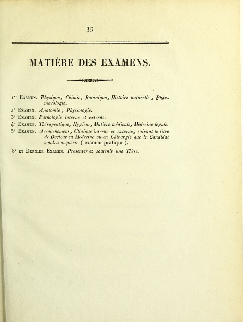 MATIÈRE DES EXAMENS. i*r Examen. Physique,, Chimie, Botanique, Histoire naturelle , Phar- macologie. 2e Examen. Anatomie , Physiologie. 3e Examen. Pathologie interne et externe. 4e Examen. Thérapeutique, Hygiène, Matière médicale, Médecine légale. 5° Examen. Accouchemens, Clinique interne et externe, suivant le titre de Docteur en Médecine ou en Chirurgie que le Candidat voudra acquérir ( examen pratique). 6° et Dernier Examen. Présenter et soutenir une Thèse.