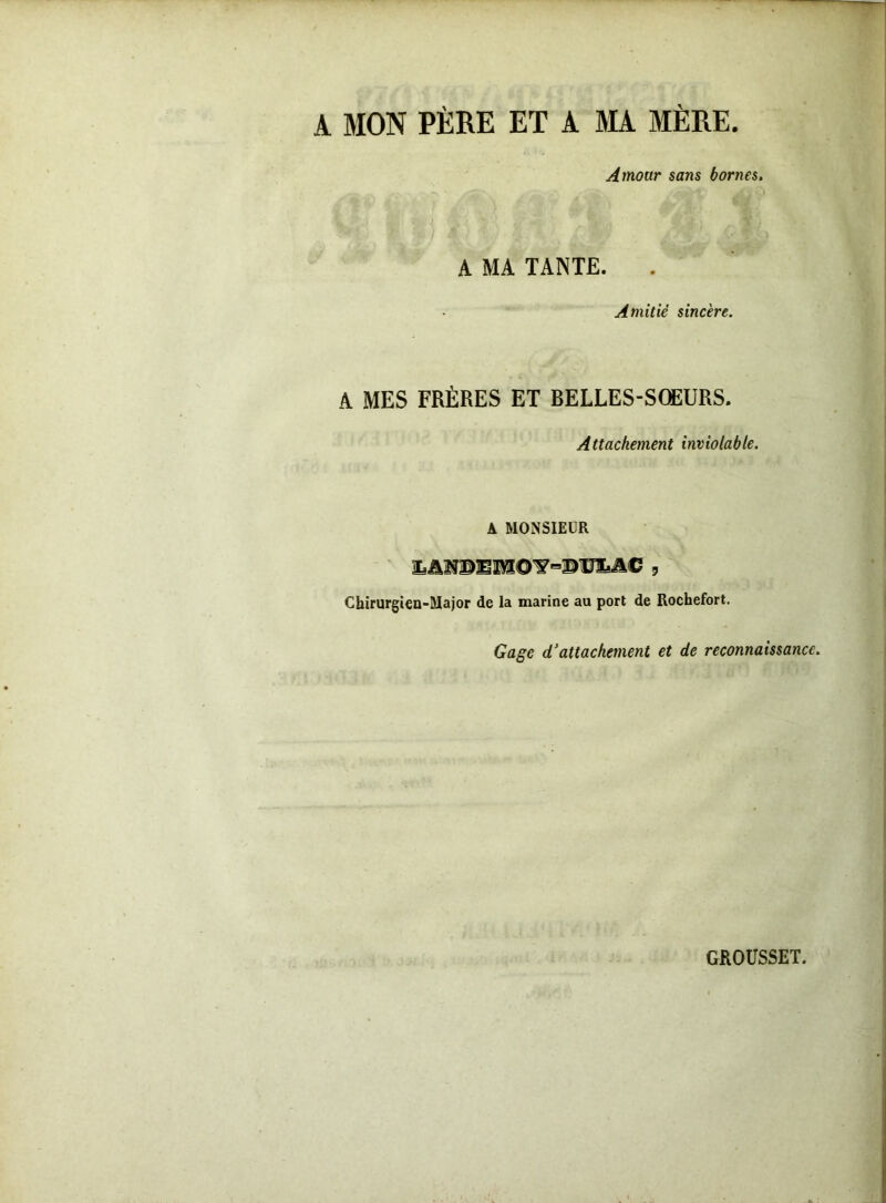 A MON PÈRE ET A MA MÈRE. Amour sans bornes. A MA TANTE. Amitié sincère. A MES FRÈRES ET BELLES-SŒURS. Attachement inviolable. A MONSIEUR Ull3>EMO¥>BiraJIiAC 5 Chirurgien-Major de la marine au port de Rochefort. Gage d’attachement et de reconnaissance. GROUSSET.