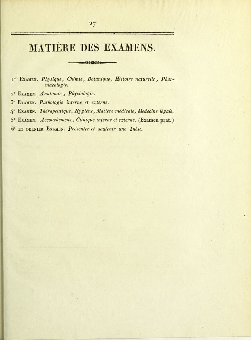 MATIÈRE DES EXAMENS icr Examen. Physique, Chimie, Botanique, Histoire naturelle , Phar- macologie. 2e Examen. Anatomie , Physiologie. 5e Examen. Pathologie interne et externe. 4° Examen. Thérapeutique, Hygiène, Matière médicale. Médecine légale. 5° Examen. Accouchemens, Clinique interne et externe. (Examen prat.) 6e et dernier Examen. Présenter et soutenir une Thèse.