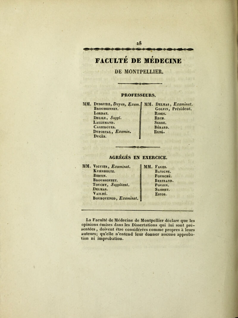 a8 FACULTÉ DE MEDECINE DE MONTPELLIER. PROFESSEURS. MM. Dtjbrtjeil, Doyen, Exam.l Broussonnet. Lordat. Delile, Suppl. Lallemand. Caizergees. Déportât. , Examin. Décès. MM. Delmas, Examinai. Golfin, Président. Rires. Rech. Serre. Bérard. René. •USfÜ AGRÉGÉS EN EXERCICE. MM. ViGnER, Examinât. Kehnholtz. Bertin. Broessonnet. Toechy, Suppléant. Delmas. Vailhé. Boerqeenod, Examinai. MM. Fages. Batigne. PoERCHÉ, Bertrand. Poezin. Saisset. Estor. La Faculté de Médecine de Montpellier déclare que les opinions émises dans les Dissertations qui lui sont pré- sentées , doivent être considérées comme propres à leurs auteurs; qu’elle n’entend leur donner aucune approba- tion ni improbation.