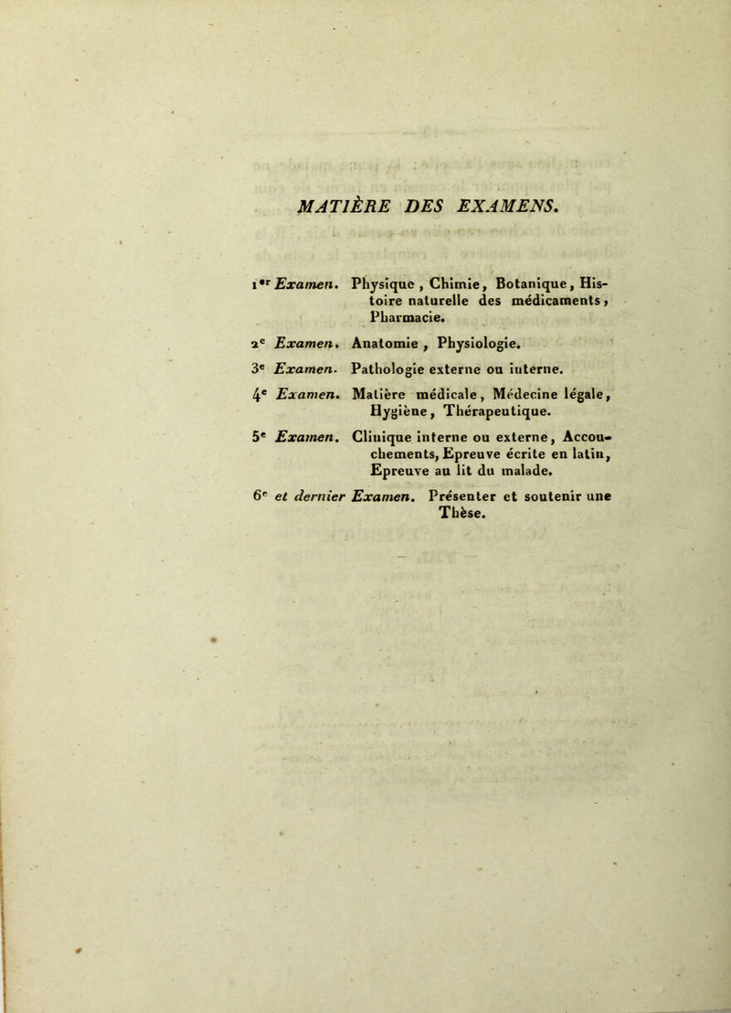 MATIÈRE DES EXAMENS. i«r Examen. Physique , Chimie, Botanique, His- toire naturelle des médicaments > Pharmacie. 2® Examen, Anatomie , Physiologie. 3® Examen- Pathologie externe on Interne. 4® Examen. Matière médicale. Médecine légale. Hygiène, Thérapeutique. 5* Examen. Clinique interne ou externe. Accou- chements, Epreuve écrite en latin, Epreuve au lit du malade. 6' et dernier Examen, Présenter et soutenir une Thèse.