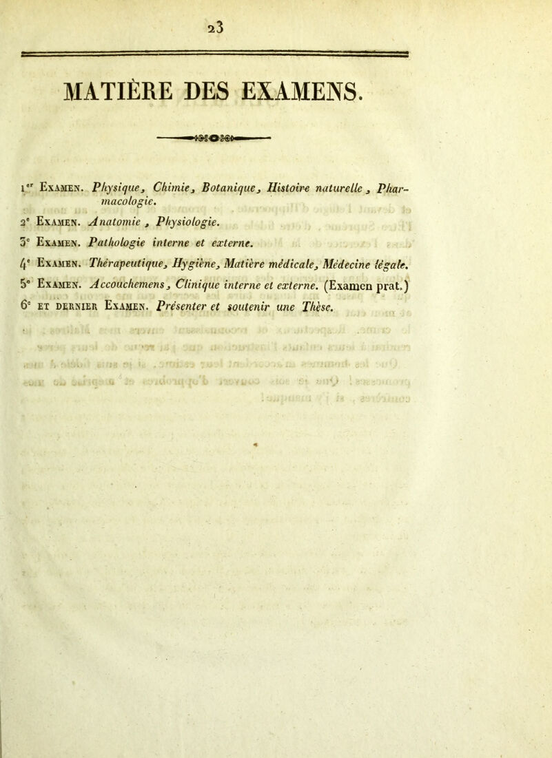 MATIÈRE DES EXAMENS. — O®;O3Æ0— ■ - I er Examen. Physique 3 Chimie3 Botanique3 Histoire naturelle 3 Phar- macologie. 2° Examen. Anatomie 3 Physiologie. 5e Examen. Pathologie interne et externe. 4e Examen. Thérapeutique3 Hygiène3 Matière médicale3 Médecine légale. 5e Examen. Accouchemens 3 Clinique interne et externe. (Examen prat.) 6e et dernier Examen. Présenter et soutenir une Thèse.