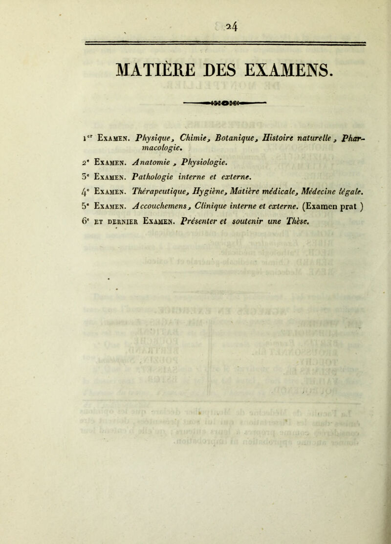 MATIÈRE DES EXAMENS. icr Examen. Physique, Chimie, Botanique, Histoire naturelle, Phar- macologie. 2* Examen. Anatomie , Physiologie. 5e Examen. Pathologie interne et externe. 4e Examen. Thérapeutique, Hygiène, Matière médicale. Médecine légale. 5® Examen. Accouchemens, Clinique interne et externe. (Examen prat ) 6' et dernier Examen. Présenter et soutenir une Thèse.