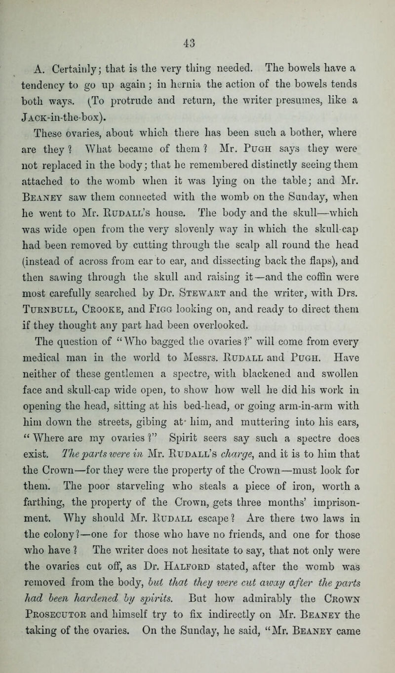 A. Certainly; that is the very thing needed. The bowels have a tendency to go up again; in hernia the action of the bowels tends both ways. (To protrude and return, the writer presumes, like a jACK-in-the-box). These ovaries, about which there has been such a bother, where are they ? What became of them ? Mr. Pugh says they were not replaced in the body; that he remembered distinctly seeing them attached to the womb when it was lying on the table; and Mr. Beaney saw them connected with the womb on the Sunday, when he went to Mr. Rudall’s house. The body and the skull—which was wide open from the very slovenly w7ay in which the skull-cap had been removed by cutting through the scalp all round the head (instead of across from ear to ear, and dissecting back the flaps), and then sawing through the skull and raising it—and the coffin were most carefully searched by Dr. Stewart and the writer, with Drs. Turnbull, Crooke, and Figg looking on, and ready to direct them if they thought any part had been overlooked. The question of “Who bagged the ovaries'?” will come from every medical man in the world to Messrs. Rudall and Pugh. Have neither of these gentlemen a spectre, with blackened and swollen face and skull-cap wide open, to show how well he did his work in opening the head, sitting at his bed-head, or going arm-in-arm with him down the streets, gibing at* him, and muttering into his ears, “ Where are my ovaries ?” Spirit seers say such a spectre does exist. The parts were in Mr. Rudall’s charge, and it is to him that the Crown—for they were the property of the Crown—must look for them. The poor starveling who steals a piece of iron, worth a farthing, the property of the Crown, gets three months’ imprison- ment. Why should Mr. Rudall escape1? Are there two laws in the colony?—one for those who have no friends, and one for those who have ? The writer does not hesitate to say, that not only were the ovaries cut off, as Dr. Halford stated, after the womb was removed from the body, but that they xoere cut away after the parts had been hardened by spirits. But how admirably the Crown Prosecutor and himself try to fix indirectly on Mr. Beaney the taking of the ovaries. On the Sunday, he said, “Mr. Beaney came