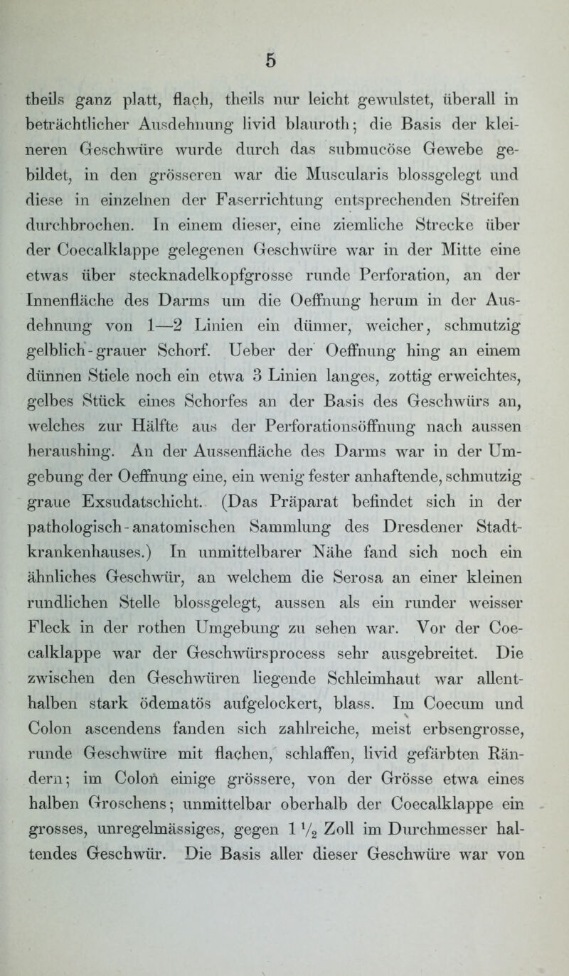 theils ganz platt, flach, theils nur leicht gewulstet, überall in beträchtlicher Ausdehnung livid blauroth; die Basis der klei- neren Geschwüre wurde durch das submucöse Gewebe ge- bildet, in den grösseren war die Muscularis blossgelegt und diese in einzelnen der Faserrichtung entsprechenden Streifen durchbrochen. In einem dieser, eine ziemliche Strecke über der Coecalklappe gelegenen Geschwüre war in der Mitte eine etwas über stecknadelkopfgrosse runde Perforation, an der Innenfläche des Darms um die Oeffnung herum in der Aus- dehnung von 1—2 Linien ein dünner, weicher, schmutzig gelblich - grauer Schorf. Ueber der Oeffnung hing an einem dünnen Stiele noch ein etwa 3 Linien langes, zottig erweichtes, gelbes Stück eines Schorfes an der Basis des Geschwürs an, welches zur Hälfte aus der Perforationsöffnung nach aussen heraushing. An der Aussenfläche des Darms war in der Um- gebung der Oeffnung eine, ein wenig fester anhaftende, schmutzig graue Exsudatschicht. (Das Präparat befindet sich in der pathologisch-anatomischen Sammlung des Dresdener Stadt- krankenhauses.) In unmittelbarer Nähe fand sich noch ein ähnliches Geschwür, an welchem die Serosa an einer kleinen rundlichen Stelle blossgelegt, aussen als ein runder weisser Fleck in der rothen Umgebung zu sehen war. Vor der Coe- calklappe war der Geschwürsprocess sehr ausgebreitet. Die zwischen den Geschwüren liegende Schleimhaut war allent- halben stark ödematös aufgelockert, blass. Im Coecum und Colon ascendens fanden sich zahlreiche, meist erbsengrosse, runde Geschwüre mit flachen, schlaffen, livid gefärbten Rän- dern; im Colon einige grössere, von der Grösse etwa eines halben Groschens; unmittelbar oberhalb der Coecalklappe ein grosses, unregelmässiges, gegen 11/2 Zoll im Durchmesser hal- tendes Geschwür. Die Basis aller dieser Geschwüre war von