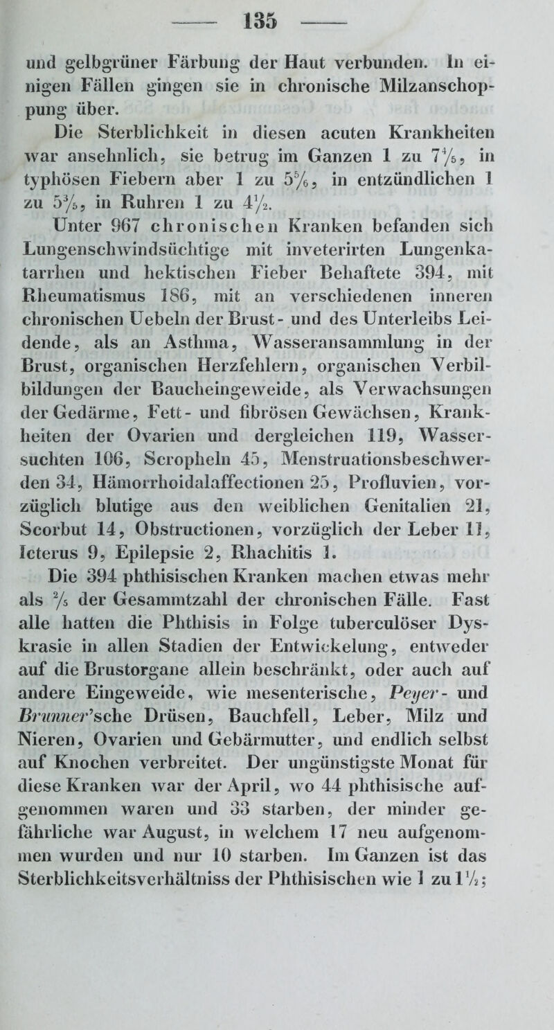 und gelbgrüner Färbung der Haut verbunden, ln ei- nigen Fällen gingen sie in chronische Milzanschop- pung über. Die Sterblichkeit in diesen acuten Krankheiten war ansehnlich, sie betrug im Ganzen 1 zu 74/s5 in typhösen Fiebern aber 1 zu 5%, in entzündlichen 1 zu 53/ö5 in Rühren 1 zu 4y2. Unter 967 chronischen Kranken befanden sich Lungenschwindsüchtige mit inveterirten Lungenka- tarrhen und hektischen Fieber Behaftete 394, mit Rheumatismus 186, mit an verschiedenen inneren chronischen Uebeln der Brust- und des Unterleibs Lei- dende, als an Asthma, Wasseransammlung in der Brust, organischen Herzfehlern, organischen Verbil- bildungen der Baucheingeweide, als Verwachsungen der Gedärme, Fett- und fibrösen Gewächsen, Krank- heiten der Ovarien und dergleichen 119, Wasser- süchten 106, Scropheln 45, Menstruationsbeschwer- den 34, Hämorrhoidalaffectionen 25, Profluvien, vor- züglich blutige aus den weiblichen Genitalien 21, Scorbut 14, Obstructionen, vorzüglich der Leber 11, Icterus 9, Epilepsie 2, Rhachitis 3. Die 394 phthisischen Kranken machen etwas mehr als 2/5 der Gesammtzahl der chronischen Fälle. Fast alle hatten die Phthisis in Folge tuberculöser Dys- krasie in allen Stadien der Entwickelung, entweder auf die Brustorgane allein beschränkt, oder aucli auf andere Eingeweide, wie mesenterische, Peyer- und Brunner’’sehe Drüsen, Bauchfell, Leber, Milz und Nieren, Ovarien und Gebärmutter, und endlich selbst auf Knochen verbreitet. Der ungünstigste Monat für diese Kranken war der April, wo 44 phthisische auf- genommen waren und 33 starben, der minder ge- fährliche war August, in welchem 17 neu aufgenom- men wurden und nur 10 starben. Im Ganzen ist das Sterblichkeitsverhältniss der Phthisischen wie 1 zulV2;