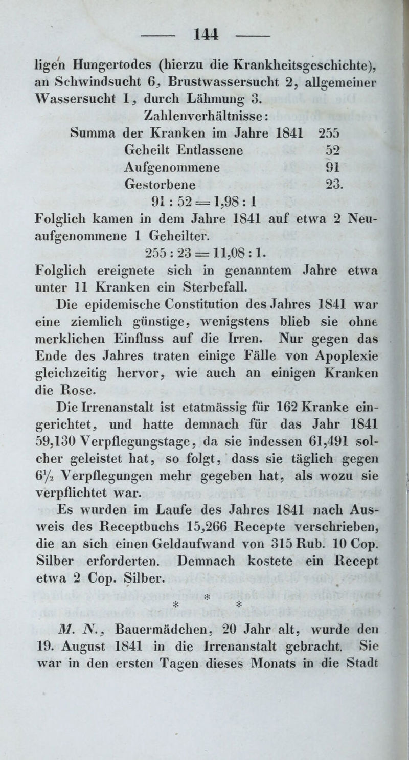 ligen Hungertodes (hierzu die Krankheitsgeschichte), an Schwindsucht 6, Brustwassersucht 2, Wassersucht 1, durch Lähmung 3. allgemeiner Zahlenverhältnisse: Summa der Kranken im Jahre 1841 255 Geheilt Entlassene 52 Aufgenommene 91 Gestorbene 23. 91:52 = 1,98:1 Folglich kamen in dem Jahre 1841 auf etvvra 2 Neu- aufgenommene 1 Geheilter. 255:23 = 11,08:1. Folglich ereignete sich in genanntem Jahre etwa unter 11 Kranken ein Sterbefall. Die epidemische Constitution des Jahres 1841 war eine ziemlich günstige, wenigstens blieb sie ohne merklichen Einfluss auf die Irren. Nur gegen das Ende des Jahres traten einige Fälle von Apoplexie gleichzeitig hervor, wie auch an einigen Kranken die Rose. Die Irrenanstalt ist etatmässig für 162 Kranke ein- gerichtet, und hatte demnach für das Jahr 1841 59,130 Verpflegungstage, da sie indessen 61,491 sol- cher geleistet hat, so folgt, dass sie täglich gegen 6y2 Verpflegungen mehr gegeben hat, als wozu sie verpflichtet war. Es wurden im Laufe des Jahres 1841 nach Aus- weis des Receptbuchs 15,266 Recepte verschrieben, die an sich einen Geldaufwand von 315 Rub. 10 Cop. Silber erforderten. Demnach kostete ein Recept etwa 2 Cop. Silber. * £ M. IV., Bauermädchen, 20 Jahr alt, wurde den 19. August 1841 in die Irrenanstalt gebracht. Sie war in den ersten Tagen dieses Monats in die Stadt