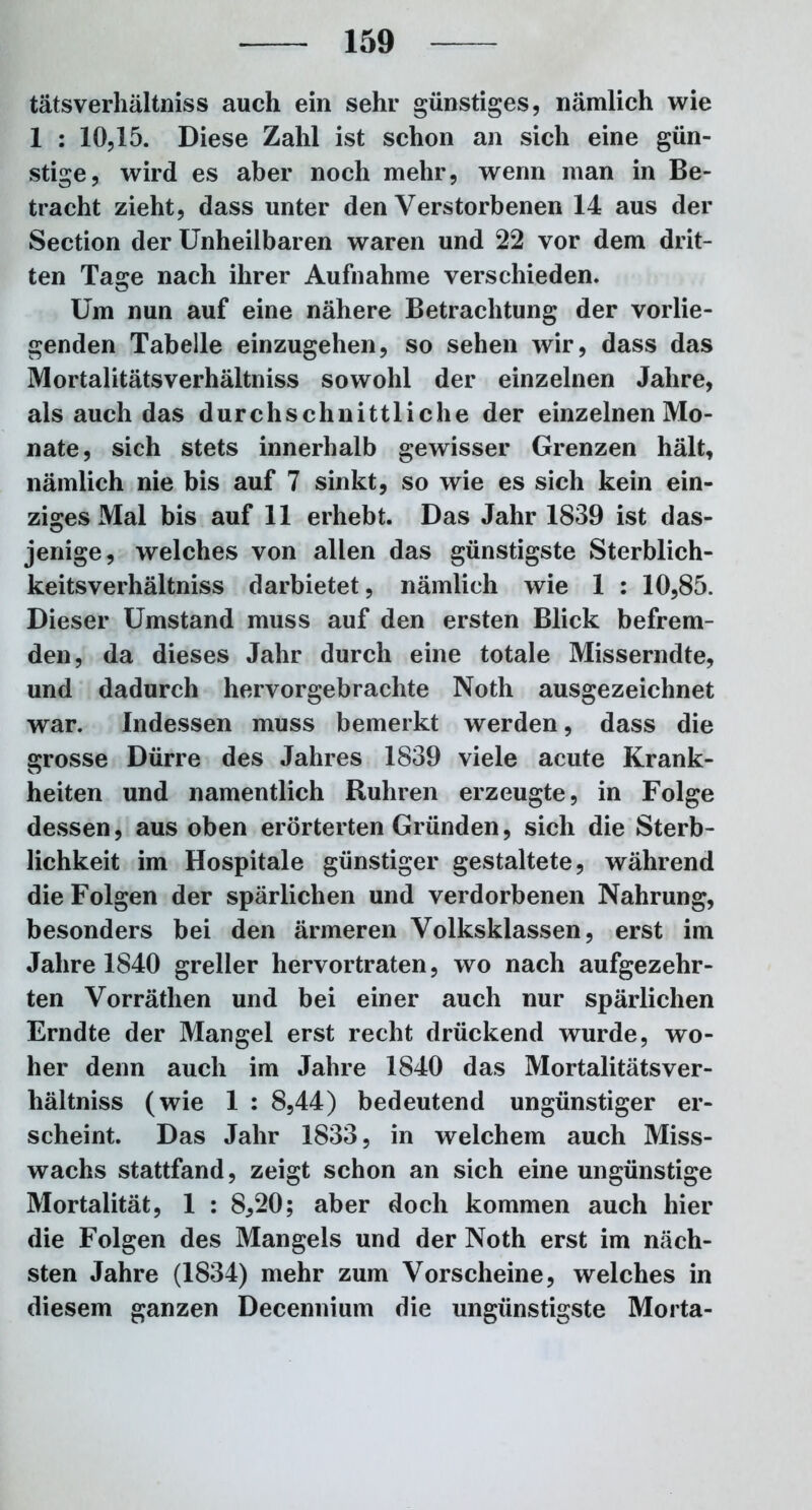 tätsVerhältniss auch ein sehr günstiges, nämlich wie 1 : 10,15. Diese Zahl ist schon an sich eine gün- stige, wird es aber noch mehr, wenn man in Be- tracht zieht, dass unter den Verstorbenen 14 aus der Section der Unheilbaren waren und 22 vor dem drit- ten Tage nach ihrer Aufnahme verschieden. Um nun auf eine nähere Betrachtung der vorlie- genden Tabelle einzugehen, so sehen wir, dass das Mortalitätsverhältniss sowohl der einzelnen Jahre, als auch das durchschnittliche der einzelnen Mo- nate, sich stets innerhalb gewisser Grenzen hält, nämlich nie bis auf 7 sinkt, so wie es sich kein ein- ziges Mal bis auf 11 erhebt. Das Jahr 1839 ist das- jenige, welches von allen das günstigste Sterblich- keitsverhältniss darbietet, nämlich wie 1 : 10,85. Dieser Umstand muss auf den ersten Blick befrem- den, da dieses Jahr durch eine totale Misserndte, und dadurch hervorgebrachte Noth ausgezeichnet war. Indessen muss bemerkt werden, dass die grosse Dürre des Jahres 1839 viele acute Krank- heiten und namentlich Rühren erzeugte, in Folge dessen, aus oben erörterten Gründen, sich die Sterb- lichkeit im Hospitale günstiger gestaltete, während die Folgen der spärlichen und verdorbenen Nahrung, besonders bei den ärmeren Volksklassen, erst im Jahre 1840 greller hervortraten, wo nach aufgezehr- ten Vorräthen und bei einer auch nur spärlichen Erndte der Mangel erst recht drückend wurde, wo- her denn auch im Jahre 1840 das Mortalitätsver- hältniss (wie 1 : 8,44) bedeutend ungünstiger er- scheint. Das Jahr 1833, in welchem auch Miss- wachs stattfand, zeigt schon an sich eine ungünstige Mortalität, 1 : 8,20; aber doch kommen auch hier die Folgen des Mangels und der Noth erst im näch- sten Jahre (1834) mehr zum Vorscheine, welches in diesem ganzen Decennium die ungünstigste Morta-