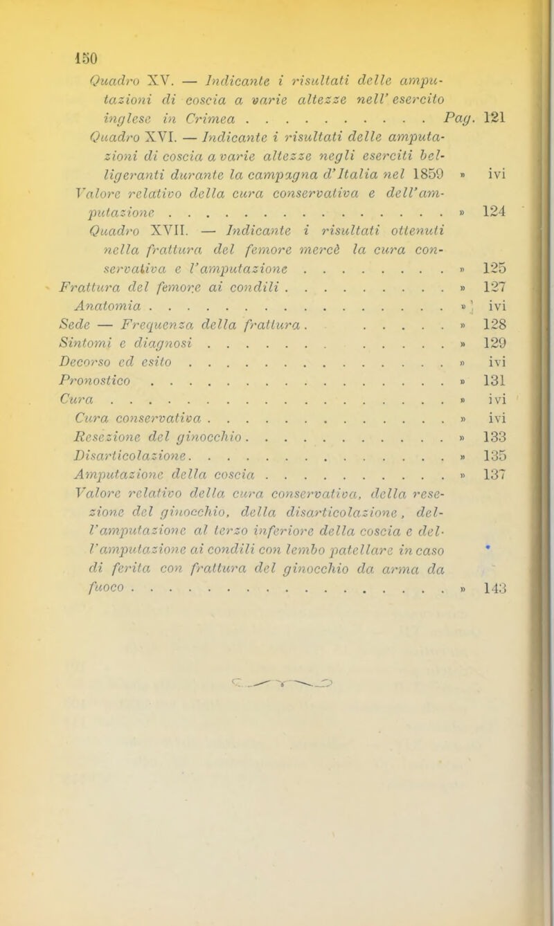loO Quadro XV. — Indicante i risultati delle am^m- tazioni di coscia a varie altezze nell’ esercito inglese in Crimea Pag. 121 Quadro XVI. — Indicante i risultati delle amputa- zioni di coscia a varie altezze negli eserciti bel- ligeranti durante la campagna d’Italia nel 1859 » ivi Valore relativo della cura conservativa e dell’am- putazione » 124 Quadro XVII. — Indicante i risultati ottenuti nella frattura, del femore mercè la cura con- servativa e ramputazione » 125 - Frattura del femorfi ai condili » 127 Anatomia » j ivi Sede — Frequenza della frattura. » 128 Sintomi e diagnosi » 129 Decorso ed esito » ivi Pronostico » 131 Cura » ivi Cura conservativa » ivi Resezione del ginocchio » 133 Disarticolazione » 135 Amiiutazione della coscia » 137 Valore relativo d,ella cura conservativa, della rese- zione del ginocchio, della disarticolazione, del- l’amputazione al terzo inferiore della coscia e del- Vamputazione ai condili con lembo p^atellare in caso * di ferita con frattura del ginocchio da arma da fuoco » 143