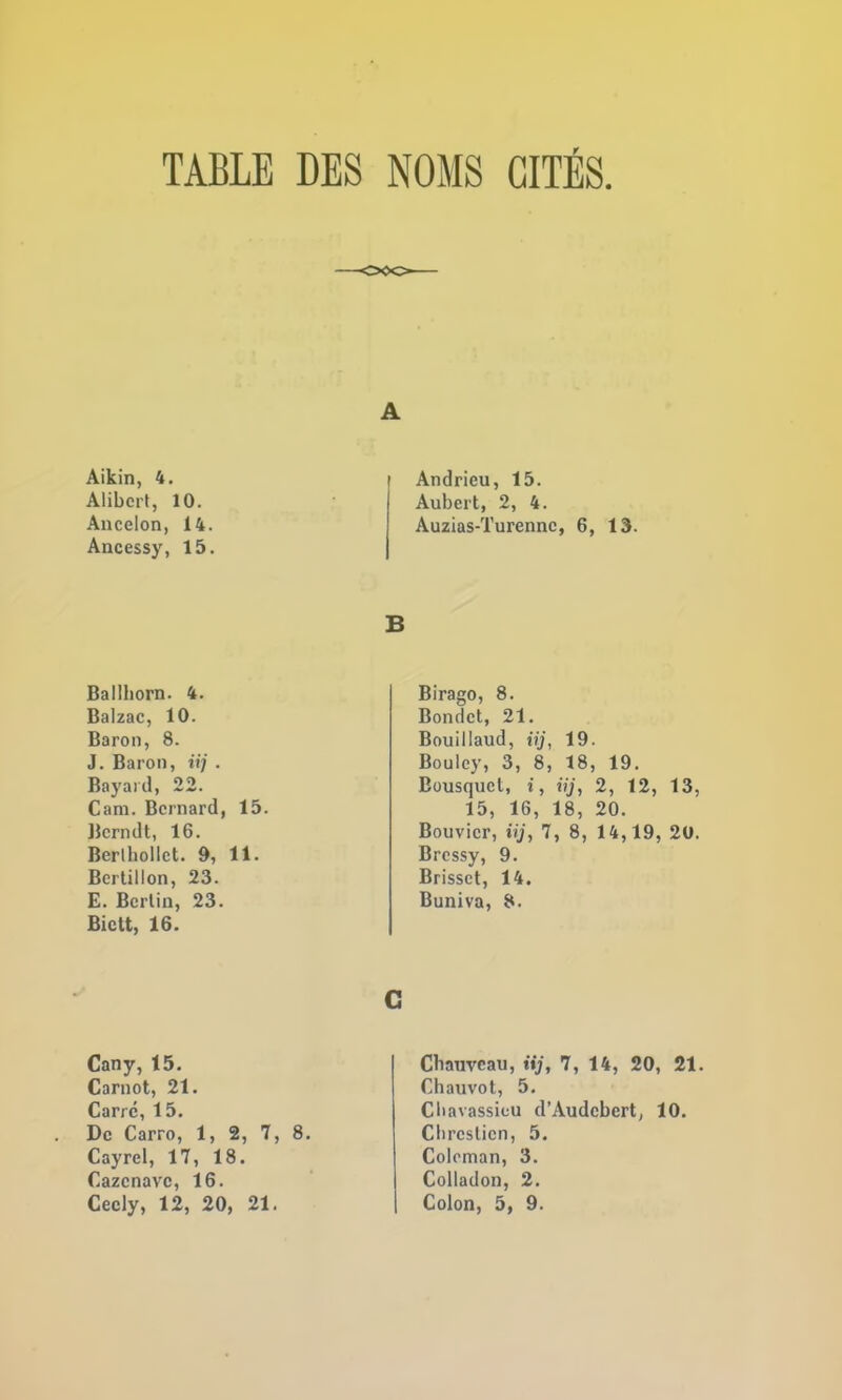 TABLE DES NOMS CITÉS. A Aikin, 4. Alibert, 10. Ancelon, 14. Ancessy, 15. Andrieu, 15. Aubert, 2, 4. Auzias-Turennc, 6, 13. B Ballborn. 4. Balzac, 10. Baron, 8. J. Baron, iij . Bayard, 22. Cam. Bernard, 15. Bcrndt, 16. Berlhollct. 9, 11. Bertillon, 23. E. Berlin, 23. Bictt, 16. G Cany, 15. Carnot, 21. Carre, 15. De Carro, 1, 2, 7, 8. Cayrel, 17, 18. Cazenave, 16. Ceely, 12, 20, 21. Birago, 8. Bondet, 21. Bouillaud, iij, 19. Boulcy, 3, 8, 18, 19. Bousquet, i, iij, 2, 12, 13, 15, 16, 18, 20. Bouvier, iij, 7, 8, 14,19, 20. Bressy, 9. Brisset, 14. Buniva, 8. Cbauvcau, iij, 7, 14, 20, 21. Chauvot, 5. Cliavassieu d’Audebert, 10. Clireslicn, 5. Coleman, 3. Colladon, 2. Colon, 5, 9.