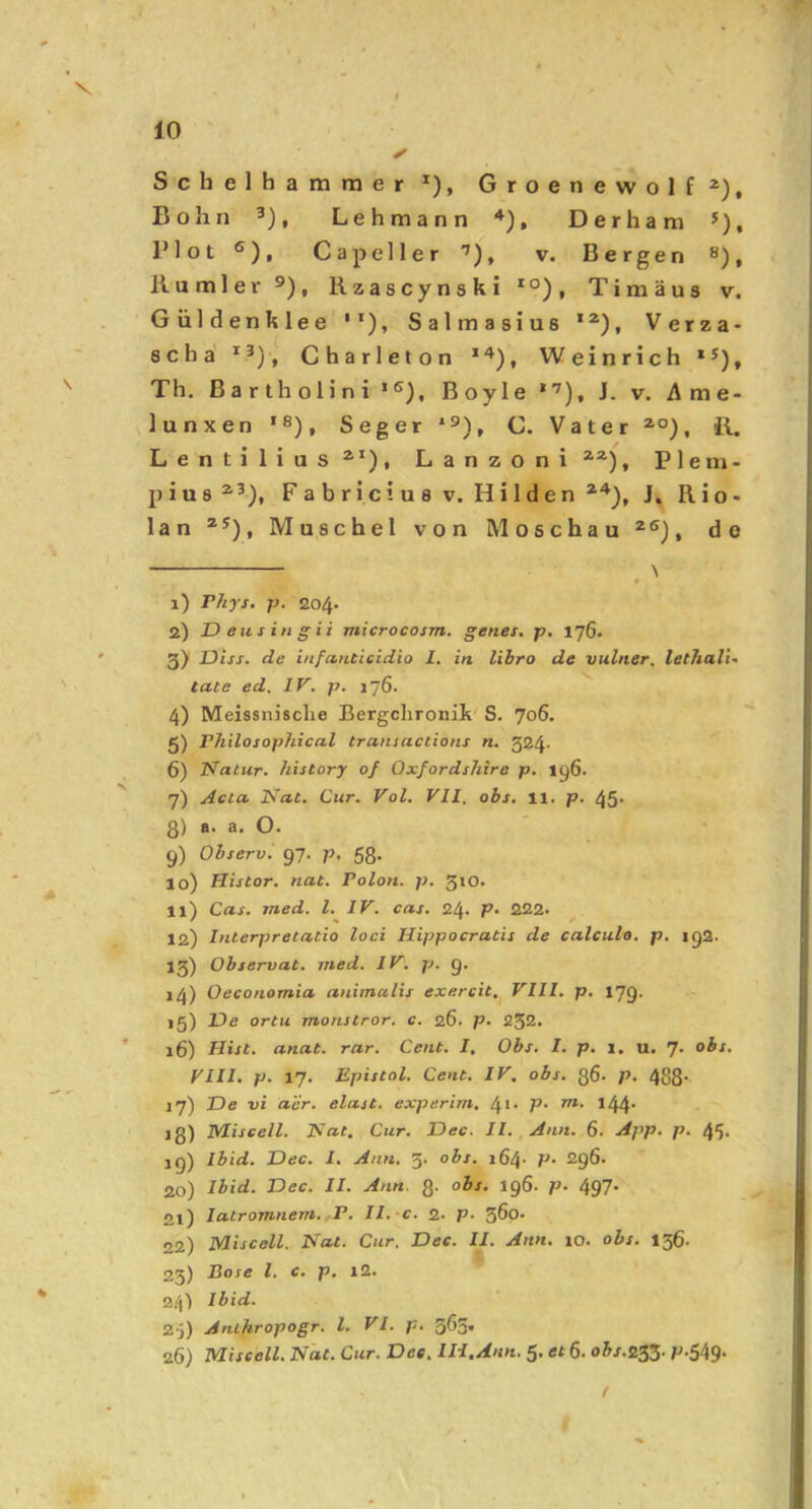 Schelhammer*), Groenewolf*), Bohn ^), Lehmann , Derhani ^), l’lot ®), Capeller v. Bergen , Rumler ®), Rzascynski *°), Timäus v. Güldenklee *'), Salmasius **), Verza* scha Charleton Weinrich Th. ßarthoUni Boyle J. v. Ame- lunxen *8), Seger C. Vater ^°), ii. Lentilius^*), Lanzoni , P 1 em- piu8^^), Fabriciusv. Hilden J, 1\ i o - lan Muschel von Moschau do \ 1) Pkys. p. 204. 2) Deusingii microcosm. genes, p. 176. 3) JJiss. de infantieidio J. in libro de vulner, lethalU täte ed. IV. p. 176. 4) Meissnische Bergchronik' S. 706. 5) Philosophical transactions n. 324- 6) Natur, history of Oxfordshire p. ig6. ^ 7) Acta, Nat. Cur. Vol. VII, obs. 11. p, 45' 8) a> a. O. 9) Observi 97. p, 53. 10) Histor. nat. Polen, p. 310. 11) Cas. med. l. IV. cas. 24. P* 222. 12) Interpretatio loci Hippocratis de calculo. p. 192. 13) Observat. med. IV. p. 9. 14) Oeconomia animalis exercit. VIII. p. 179. 15) Ue ortu monstror. c. 26. p. 232. * 16) Hist. anat. rar. Cent. I. Obs. I. p. 1. u. 7. obs. VIII. p. 17. Epistel. Cent. IV. obs. ßö- p. 488- 17) De vi aer. elast. experim. 41. P* tn. 144. jß) Miseeil. Nat. Cur. Dec. II. Amt. 6. App. p. 45. 19) Ibid. Dec. I. Ann, 3. obs. 164. p. 296. 20) Ibid. Dec. II. Ann. ß. obs. 196- p. 497’ 21) latromnem. P, II. c. 2. p. ßöo* 22) Miscell. Nat. Cur. Dec. II. Ann. 10. obs. 136. 23) Bose l. c. p, i2. 2,'j) Ibid. 23) Anthropogr. l. VI. p. 363. 26) Miscell. Nat. Cur. Dec, IH.Ann. 5. et 6. obs.Z^Z- P-549*