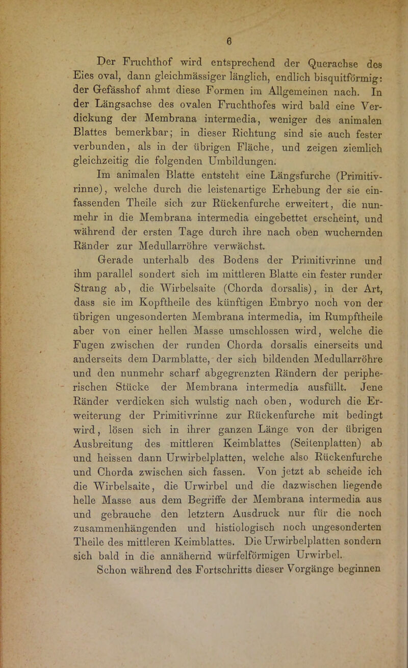Der Fruchthof wird entsprechend der Querachse des Eies oval, dann gleichmässiger länglich, endlich bisquitförmig: der Gefässhof ahmt diese Formen im Allgemeinen nach. In der Längsachse des ovalen Fruchthofes wird bald eine Ver- dickung der Membrana intermedia, weniger des animalen Blattes bemerkbar; in dieser Richtung sind sie auch fester verbunden, als in der übrigen Fläche, und zeigen ziemlich gleichzeitig die folgenden Umbildungen. Im animalen Blatte entsteht eine Längsfurche (Priraitiv- rinne), welche durch die leistenartige Erhebung der sie ein- fassenden Theile sich zur Rückenfurche erweitert, die nun- mehr in die Membrana intermedia eingebettet erscheint, und während der ersten Tage durch ihre nach oben wuchernden Ränder zur Medullarröhre verwächst. Gerade unterhalb des Bodens der Primitivrinne und ihm parallel sondert sich im mittleren Blatte ein fester runder Strang ab, die Wirbelsaite (Chorda dorsalis), in der Art, dass sie im Kopftheile des künftigen Embryo noch von der übrigen ungesonderten Membrana intermedia, im Rumpftheile aber von einer hellen Masse umschlossen wird, welche die Fugen zwischen der runden Chorda dorsalis einerseits und anderseits dem Darmblatte, der sich bildenden Medullarröhre und den nunmehr scharf abgegrenzten Rändern der periphe- rischen Stücke der Membrana intermedia ausfüllt. Jene Ränder verdicken sich wulstig nach oben, wodurch die Er- weiterung der Primitivrinne zur Rückenfurche mit bedingt wird, lösen sich in ihrer ganzen Länge von der übrigen Ausbreitung des mittleren Keimblattes (Seitenplatten) ab und heissen dann Urwirbelplatten, welche also Rückenfurche und Chorda zwischen sich hissen. Von jetzt ab scheide ich die Wirbelsaite, die Urwirbel und die dazwischen liegende helle Masse aus dem Begriffe der Membrana intermedia aus und gebrauche den letztem Ausdruck nur für die noch zusammenhängenden und histiologisch noch ungesonderten Theile des mittleren Keimblattes. Die Urwirbelplatten sondern sich bald in die annähernd würfelförmigen Urwirbel. Schon während des Fortschritts dieser Vorgänge beginnen