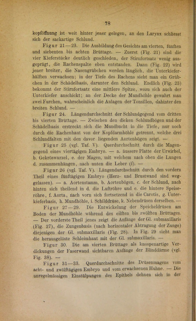 kopföffnung ist weit hinter jener gelegen, an den Larynx schliesst sich der sackartige Schlund. Figur 21 •— 23. Die Ausbildung des Gesichts am vierten, fünften und siebenten bis achten Brüttage. — Zuerst (Fig. 21) sind die vier Kieferstücke deutlich geschieden, der Stirnfortsatz wenig aus- geprägt, die Rachenspalte eben entstanden. Dann (Fig. 22) wird jener breiter, die Nasengrübchen werden länglich, die Unterkiefer- hälften verwachsen; in der Tiefe des Rachens sieht man ein Grüb- chen in der Schädelbasis, darunter den Schlund. Endlich (Fig. 23) bekommt der Stirnfortsatz eine mittlere Spitze, wozu sich auch der Unterkiefer anschickt; an der Decke der Mundhöhle gewahrt man zwei Furchen, wahrscheinlich die Anlagen der Tonsillen, dahinter den breiten Schlund. — Figur 24. Längendurchschnitt der Schlundgegend vom dritten bis vierten Brüttage. — Zwischen den dicken Schlundbögen und der Schädelbasis erstreckt sich die Mundbucht in die Tiefe, nur noch durch die Rachenhaut von der Kopfdarmhöhle getrennt, welche drei Schlundfalten mit den davor liegenden Aortenbögen zeigt. — Figur 25 (vgl. Taf. Y). Querdurchschnitt durch die Magen- gegend eines viertägigen Embryo. — a. äussere Platte derUrwirbel, b. Gekröswurzel, e. der Magen, mit welchem nach oben die Lungen d. Zusammenhängen, nach unten die Leber (f). — Figur 26 (vgl. Taf. Y). Längendurchschnitt durch den vordem Theil eines fünftägigen Embryo (Herz- und Brustwand sind weg- gelassen). — a. Aortenstamm, b. Aortenbögen, c. der Schlund, nach hinten sich theilend in d. die Luftröhre und e. die hintere Speise- röhre, f. Aorta, nach vorn sich fortsetzend in die Carotis, g. Unter- kieferbasis, h. Mundhöhle, i. Schilddrüse, k. Nebendrüsen derselben. — Figur 27 — 29. Die Entwickelung der Speicheldrüsen am Boden der Mundhöhle während des eilften bis zwölften Brüttages. — Der vorderste Theil jenes zeigt die Anfänge der Gl. submaxillaris (Fig. 27), die Zungenbasis (nach horizontaler Abtragung der Zunge) diejenigen der Gl. submaxillaris (Fig. 28). In Fig. 29 sieht man die herausgelöste Schleimhaut mit der Gl. submaxillaris. — Figur 30. Die am vierten Brüttage als knospenartige Yer- dickungen der Faserwand sichtbaren Anfänge der Blinddärme (vgl. Fig. 38). - Figur 31 — 33. Querdurchschnitte des Drüsenmagens vom acht- und zwölftägigen Embryo und vom erwachsenen Huhne. Die unregelmässigen Einstülpungen des Epithels dehnen sich in der