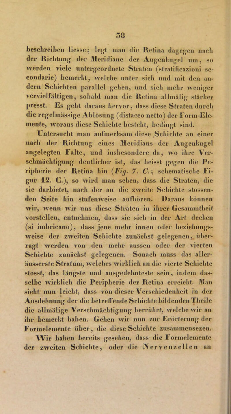 beschreiben Hesse $ legt man die Retina dagegen nach der Richtung der Meridiane der Augenkugel um, so werden viele untergeordnete Strafen (stratificazioni sc- condarie) bemerkt, welche unter sich und mit den an- dern Schichten parallel gehen, und sich mehr weniger vervielfältigen, sobald man die Retina allmälig stärker presst. Es geht daraus hervor, dass diese Strafen durch die regelmässige Ablösung (distacco netto) der Form-Ele- mente, woraus diese Schichte besteht, bedingt sind. Untersucht man aufmerksam diese Schichte an einer nach der Richtung eines Meridians der Augenkugel angelegten Falte, und insbesondere da, wo ihre Ver- schmächtigung deutlicher ist, das heisst gegen die Pe- ripherie der Retina hin (Fig. 7. C. 5 schematische Fi- gur 12. C.), so wird man sehen, dass die Strafen, die sie darbietet, nach der an die zweite Schichte stossen- den Seite hin stufenweise aufhören. Daraus können wir, wenn wir uns diese Strafen in ihrer Gesammthcit vorstellen, entnehmen, dass sie sich in der Art decken (si imbricano), dass jene mehr innen oder beziehungs- weise der zweiten Schichte zunächst gelegenen,, über- ragt werden von den mehr aussen oder der vierten Schichte zunächst gelegenen. Sonach muss das aller- äusserste Stratum, welches wirklich an die vierte Schichte stosst, das läugste und ausgedehnteste sein, indem das- selbe wirklich die Peripherie der Retina erreicht. Man sieht nun leicht, dass von dieser Verschiedenheit in der Ausdehnung der die betreffende Schichte bildenden Tlieile die allmälige Vcrschmächtigung herriihrt, welche wir an ihr bemerkt haben. Gehen wir nun zur Erörterung der Fonnclcmentc über, die diese Schichte zusammensezen. Wir haben bereits gesehen, dass die Formelcmentc der zweiten Schichte, oder die Wervcnzcllen an