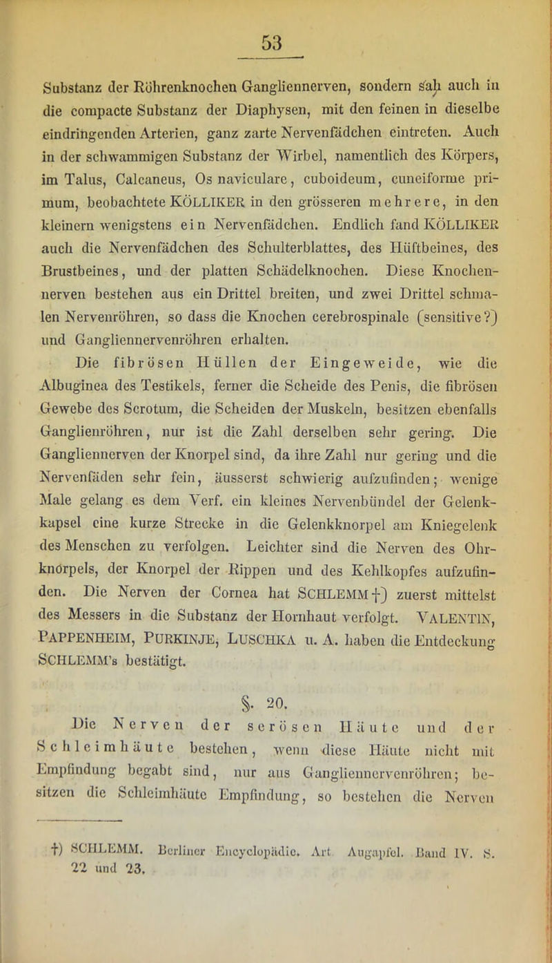 Substanz der Röhrenknochen Gangliennerven, sondern S'aji aucli in die compacte Substanz der Diaphysen, mit den feinen in dieselbe eindringenden Arterien, ganz zarte Nervenfädchen eintreten. Auch in der schwammigen Substanz der Wirbel, namentlich des Körpers, im Talus, Calcaneus, Os naviculare, cuboideum, cuneiforme pri- mum, beobachtete KÖLLIKER in den grösseren mehrere, in den kleinern wenigstens ein Nervenfädchen. Endlich fand KÖLLIKER auch die Nervenfädchen des Schulterblattes, des Hüftbeines, des Brustbeines, und der platten Schädelknochen. Diese Knochen- nerven bestehen aus ein Drittel breiten, und zwei Drittel schma- len Nervenröhren, so dass die Knochen cerebrospinalc (sensitive?) und Gangliennervenröhren erhalten. Die fibrösen Hüllen der Eingeweide, wie die Albuginea des Testikels, ferner die Scheide des Penis, die fibrösen Gewebe des Scrotum, die Scheiden der Muskeln, besitzen ebenfalls Ganglienröhren, nur ist die Zahl derselben sehr gering. Die Gangliennerven der Knorpel sind, da ihre Zahl nur gering und die Nervenfäden sehr fein, äusserst schwierig aufzufinden; wenige Male gelang es dem Verf. ein kleines Nervenbündel der Gelenk- kapsel eine kurze Strecke in die Gelenkknorpel am Kniegelenk des Menschen zu verfolgen. Leichter sind die Nerven des Ohr- knörpels, der Knorpel der Rippen und des Kehlkopfes aufzufin- den. Die Nerven der Cornea hat SCHLEMM f) zuerst mittelst des Messers in die Substanz der Hornhaut verfolgt. VALENTIN, Pappenheim, Purkinje, Luschka u. A. haben die Entdeckung SCHLEMM’s bestätigt. §. 20. Die Nerven der serösen Häute und der Schleimhäute bestehen, wenn diese Häute nicht mit Empfindung begabt sind, nur aus Gangliennervenröhren; be- sitzen die Schleimhäute Empfindung, so bestehen die Nerven f) SCHLEMM. Burliiicr EncyclopHdic, Art Augapfel. Band IV. S. 22 und 23.